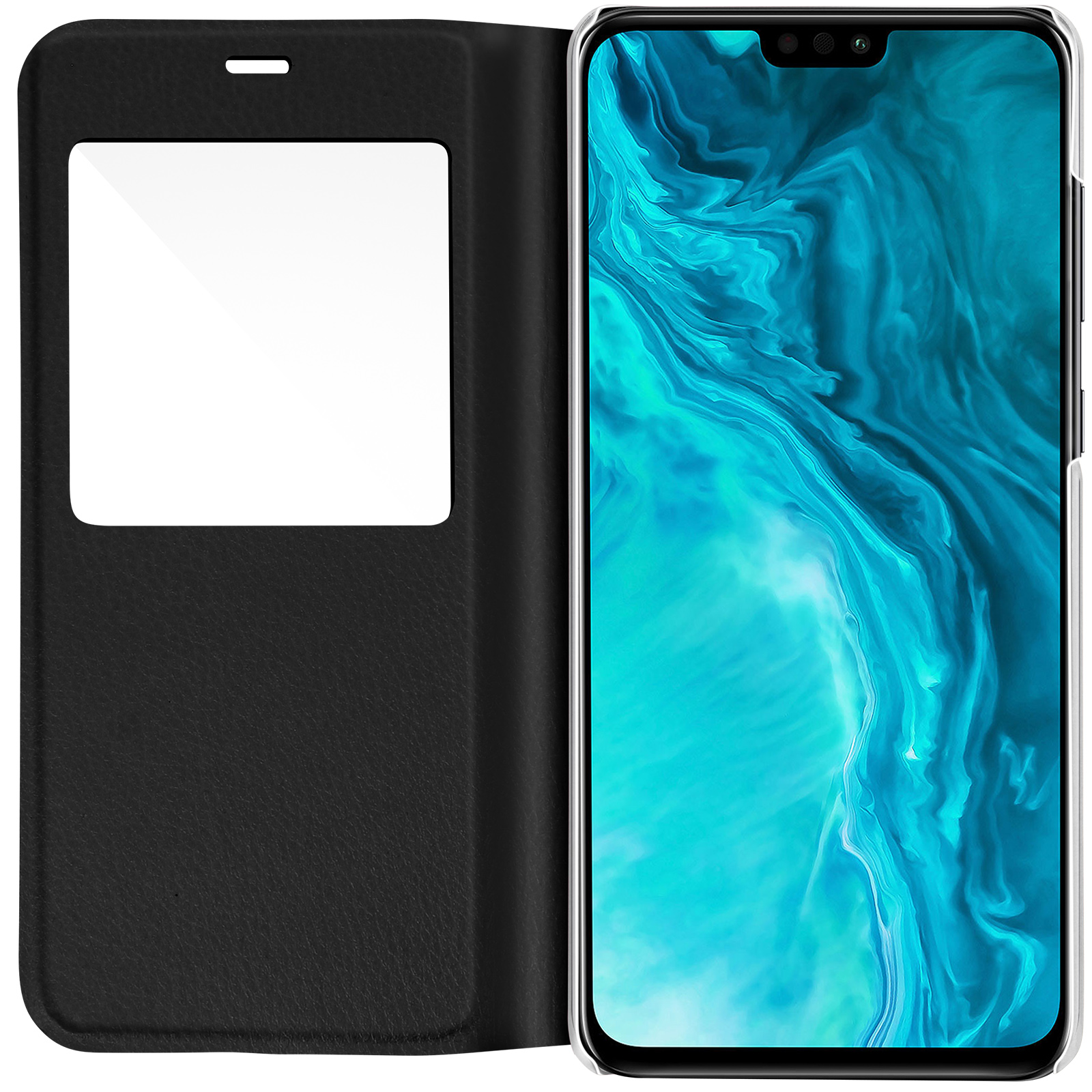 Eine schwarze Handyhülle ist geöffnet und zeigt einen Telefonbildschirm. Das Telefon hat eine Kerbe.