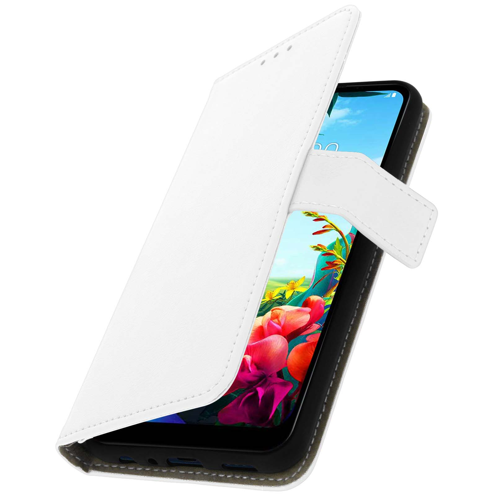 Funda blanca para teléfono abierta, mostrando la pantalla con fondo floral.