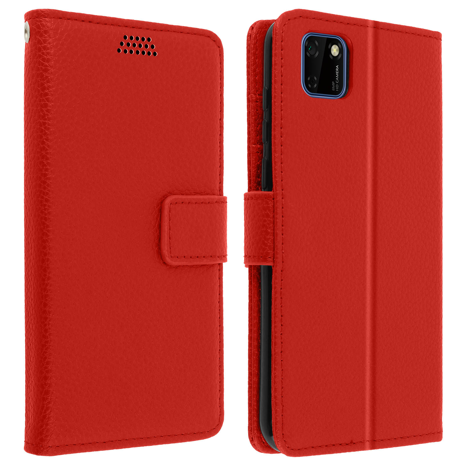 Custodia rossa per telefono, chiusa e aperta. Il telefono è visibile all'interno.