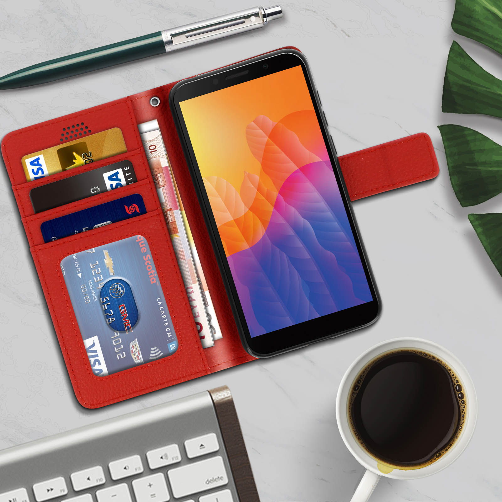 Un portafoglio con custodia per telefono rosso è aperto, rivelando telefono, carte e contanti.