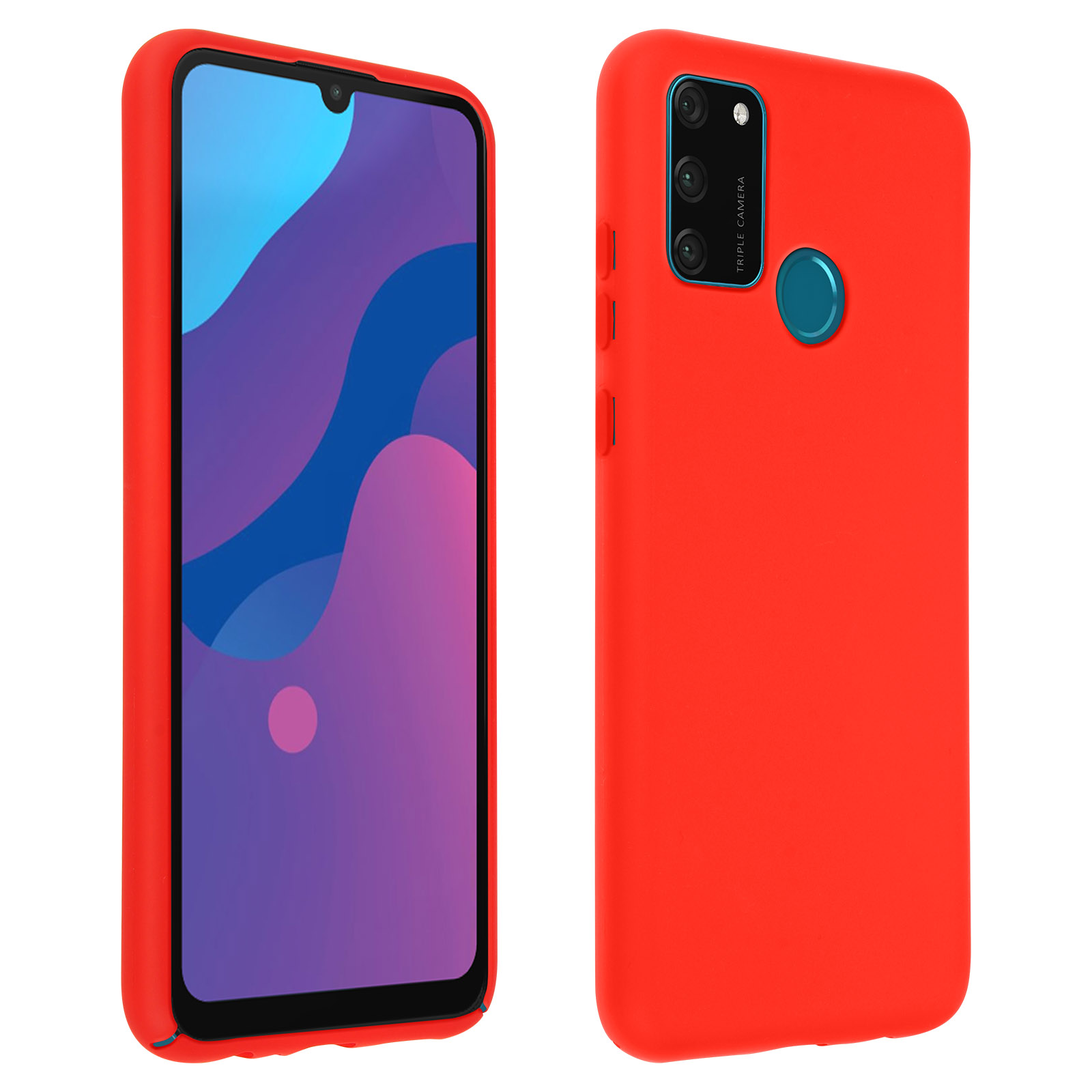 Custodia rossa per telefono con telefono all'interno. Ha fotocamera e schermo. Lo sfondo è bianco.