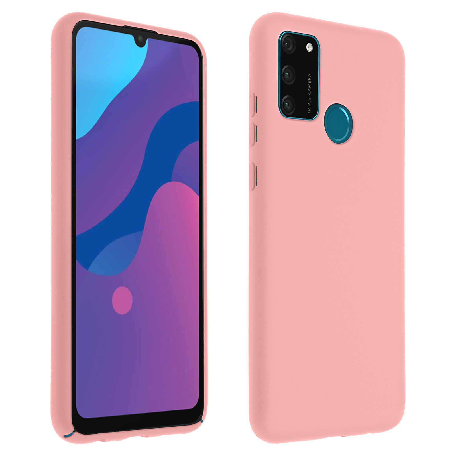Custodia e telefono rosa. Il telefono è acceso, mostra il display. La custodia copre i lati e il retro.