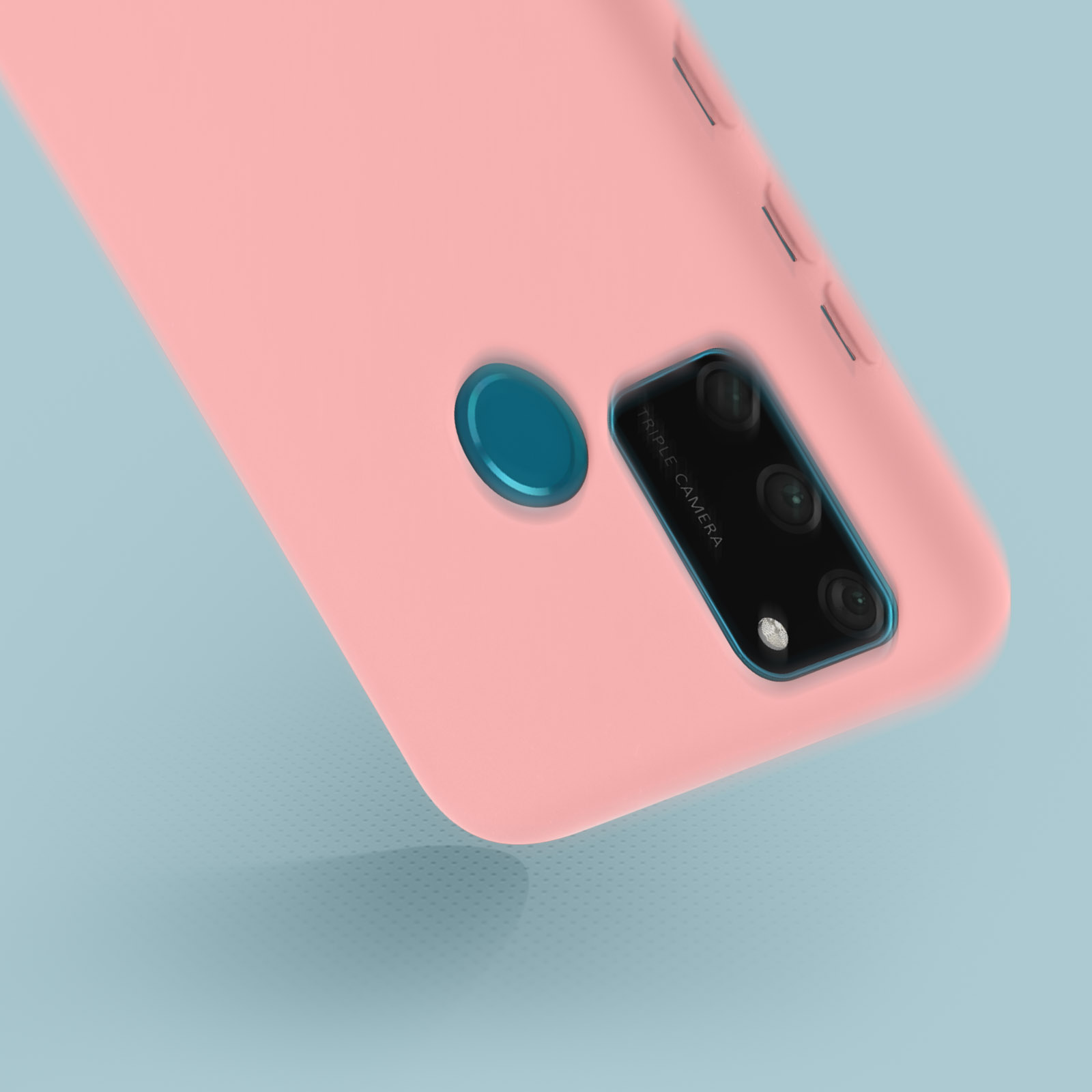 Custodia rosa per telefono con tripla fotocamera, su sfondo blu.