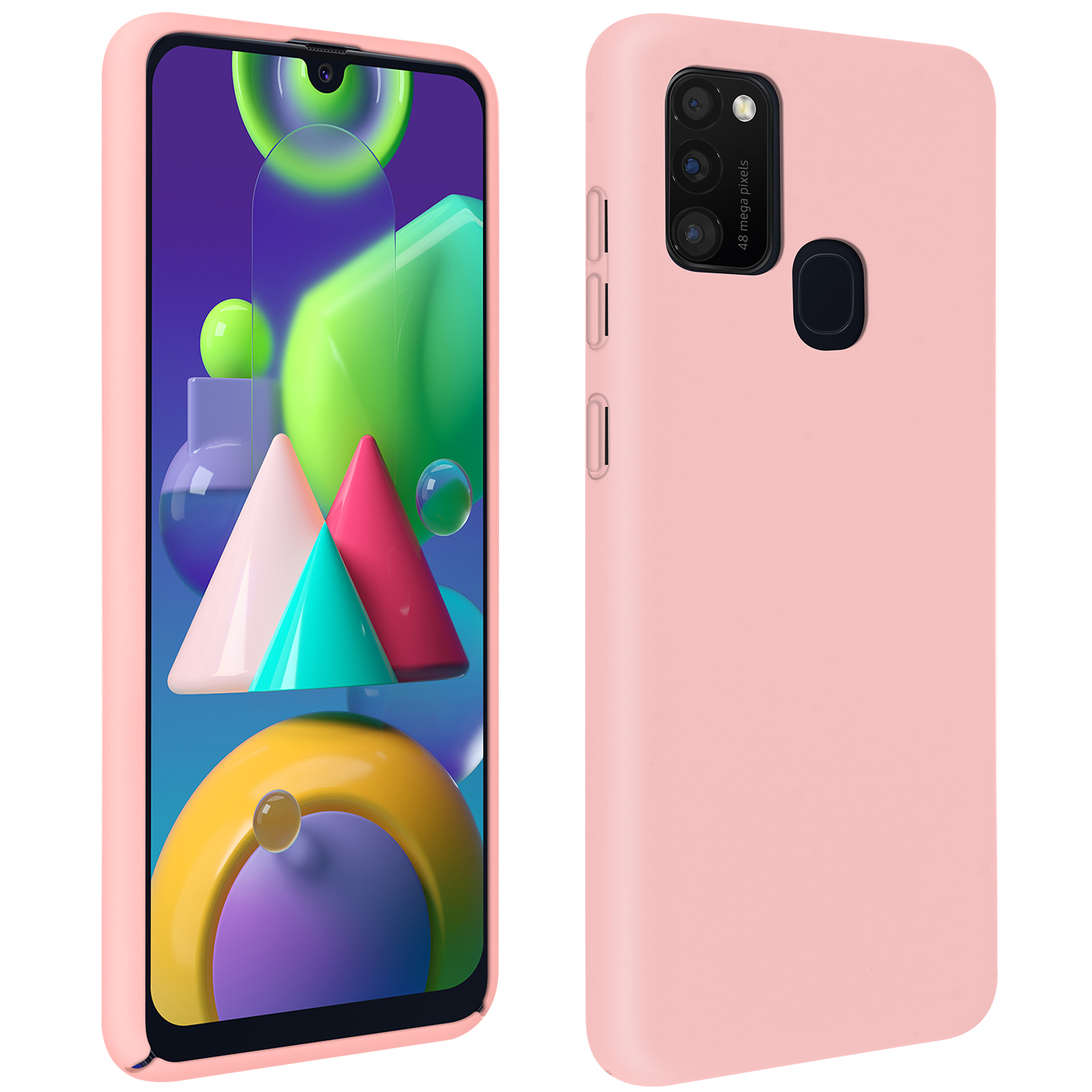 Telefono rosa con custodia rosa. Il telefono mostra uno sfondo colorato, su sfondo bianco.