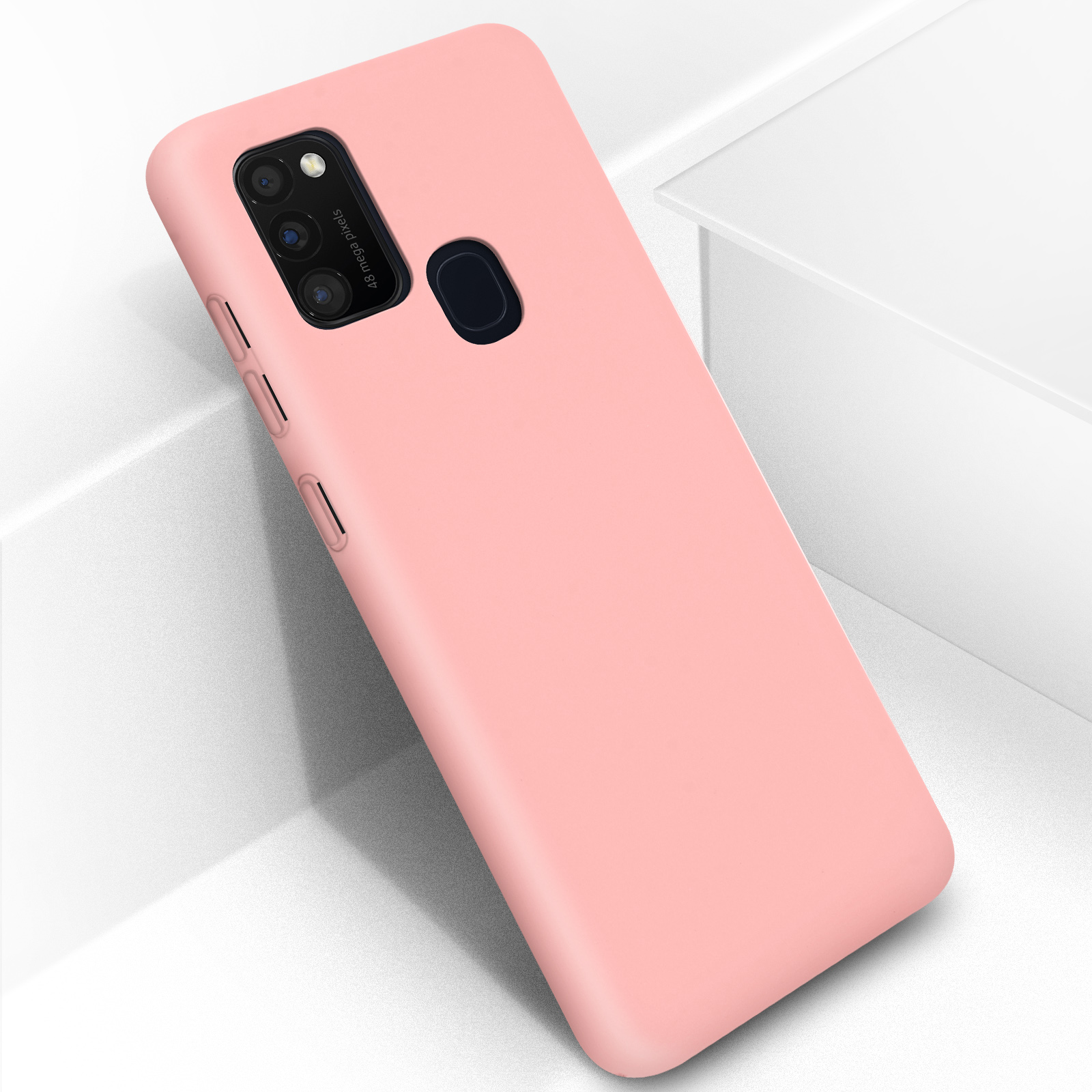 Una custodia rosa per telefono con fotocamera e pulsanti.