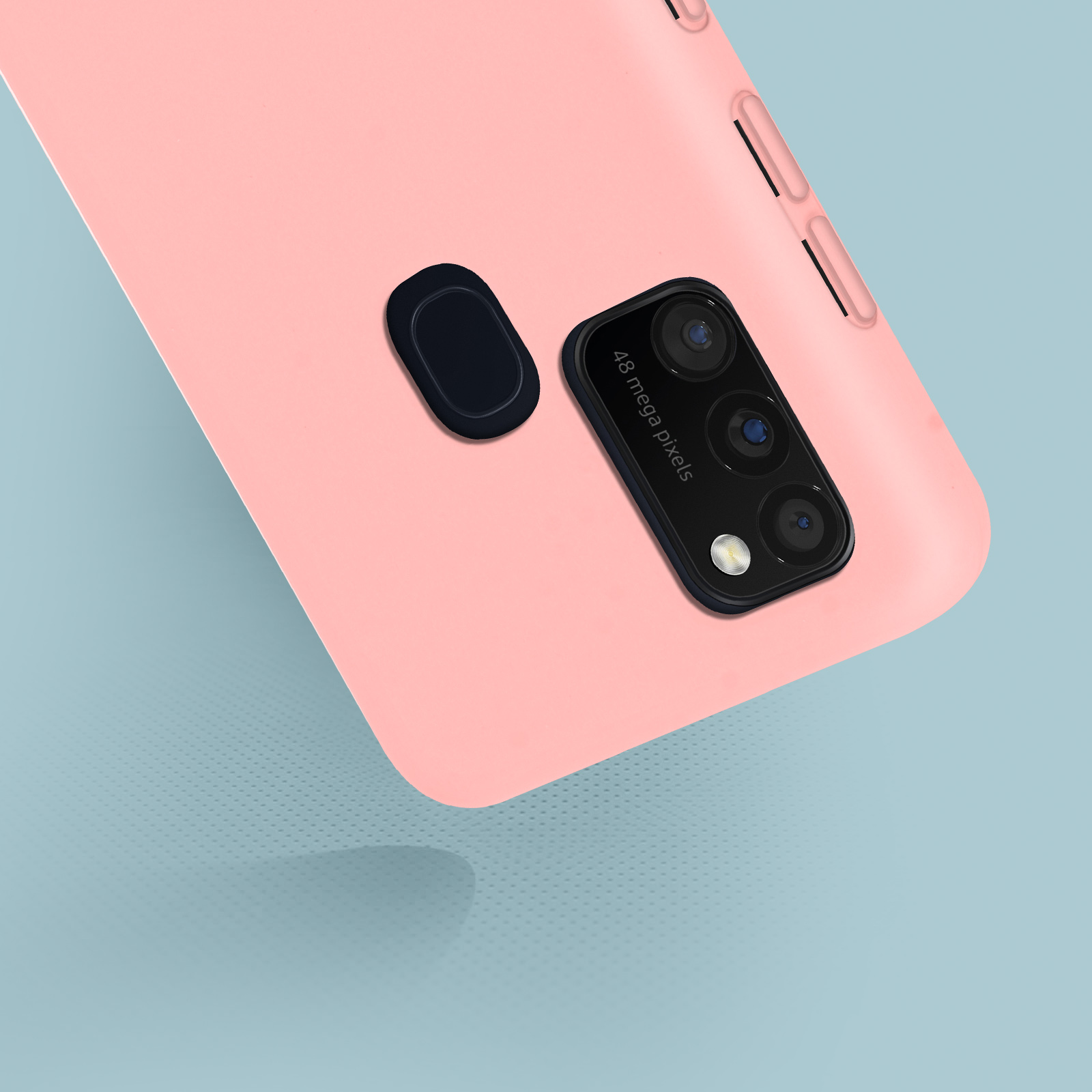 Retro del telefono rosa con modulo fotocamera e copriobiettivo nero separato.