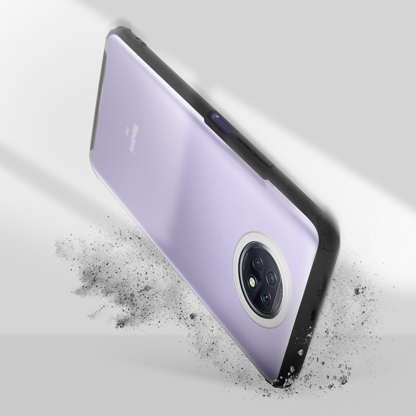 Lila Handyhülle mit schwarzem Rahmen. Staubpartikel herum. Telefon ist abgewinkelt.