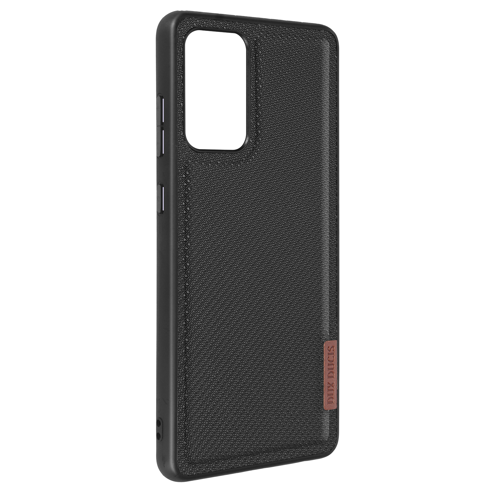 Schwarze Handyhülle mit strukturiertem Design. Schwarze Farbe mit rotem Akzent und Kameraausschnitt.