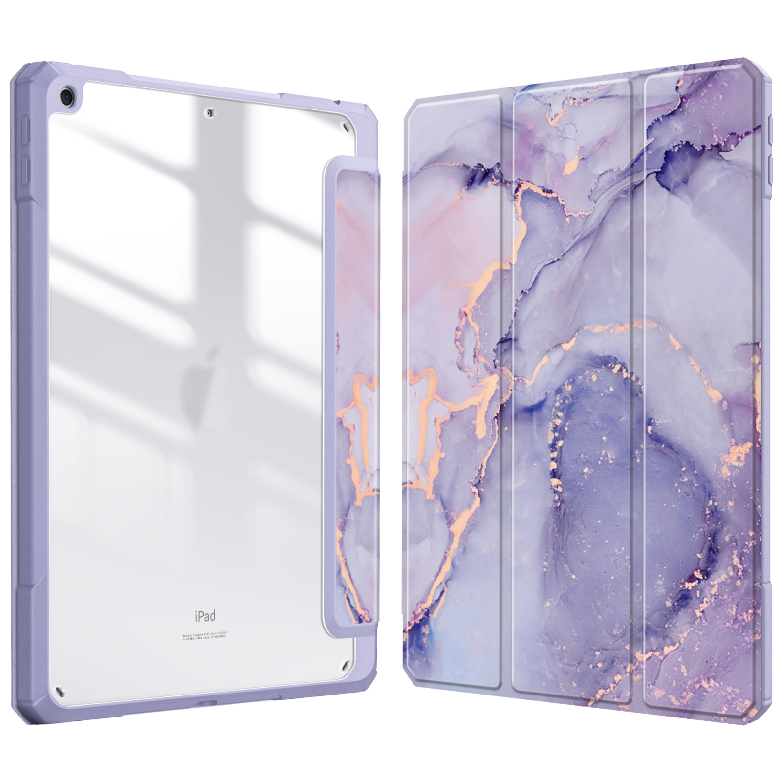 Lila Tablet-Hülle, offen und geschlossen. Marmor-Design auf dem Cover, klarer Bildschirm innen.