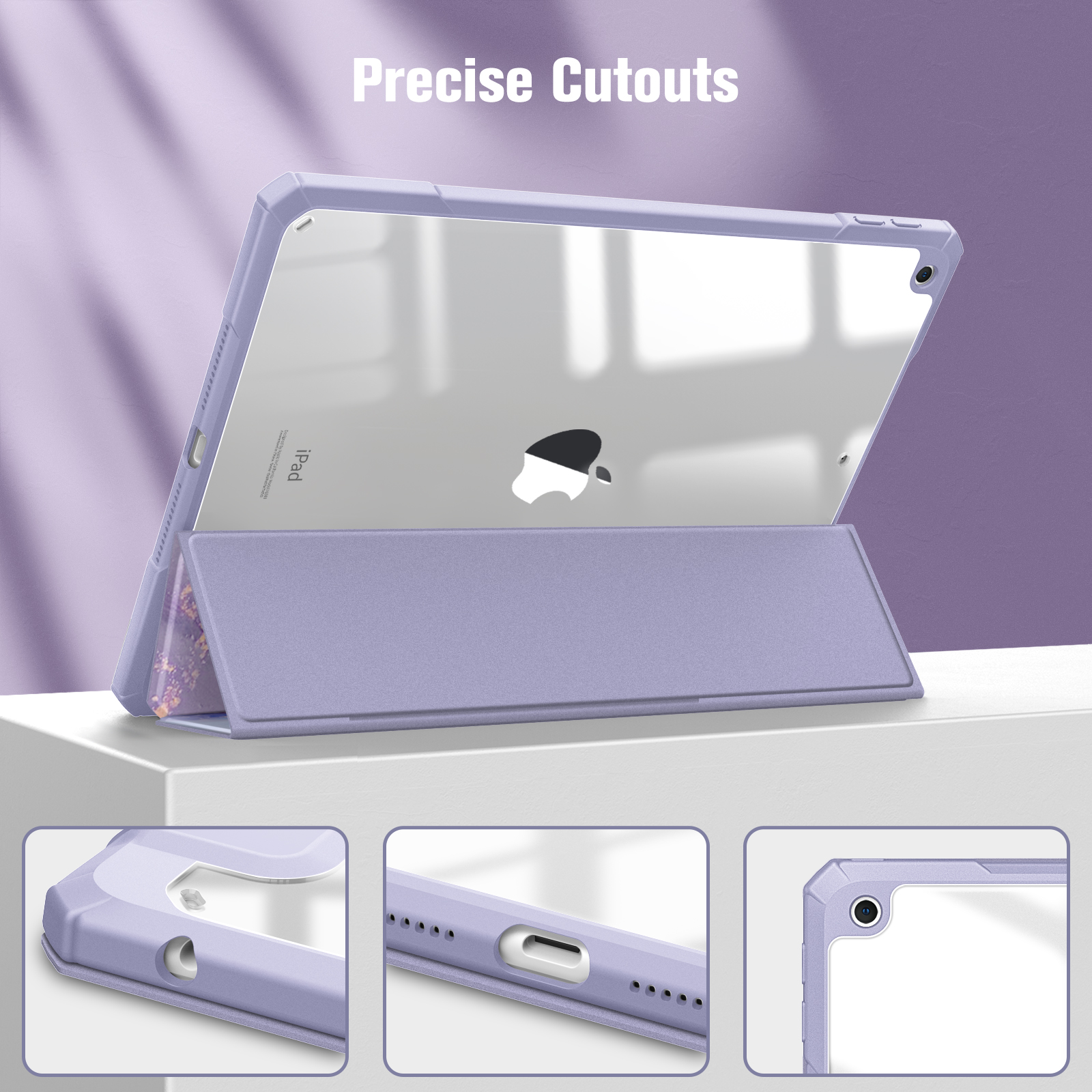 Ein lila iPad in einer Hülle mit Ständer und Nahaufnahmen der Hüllendetails.