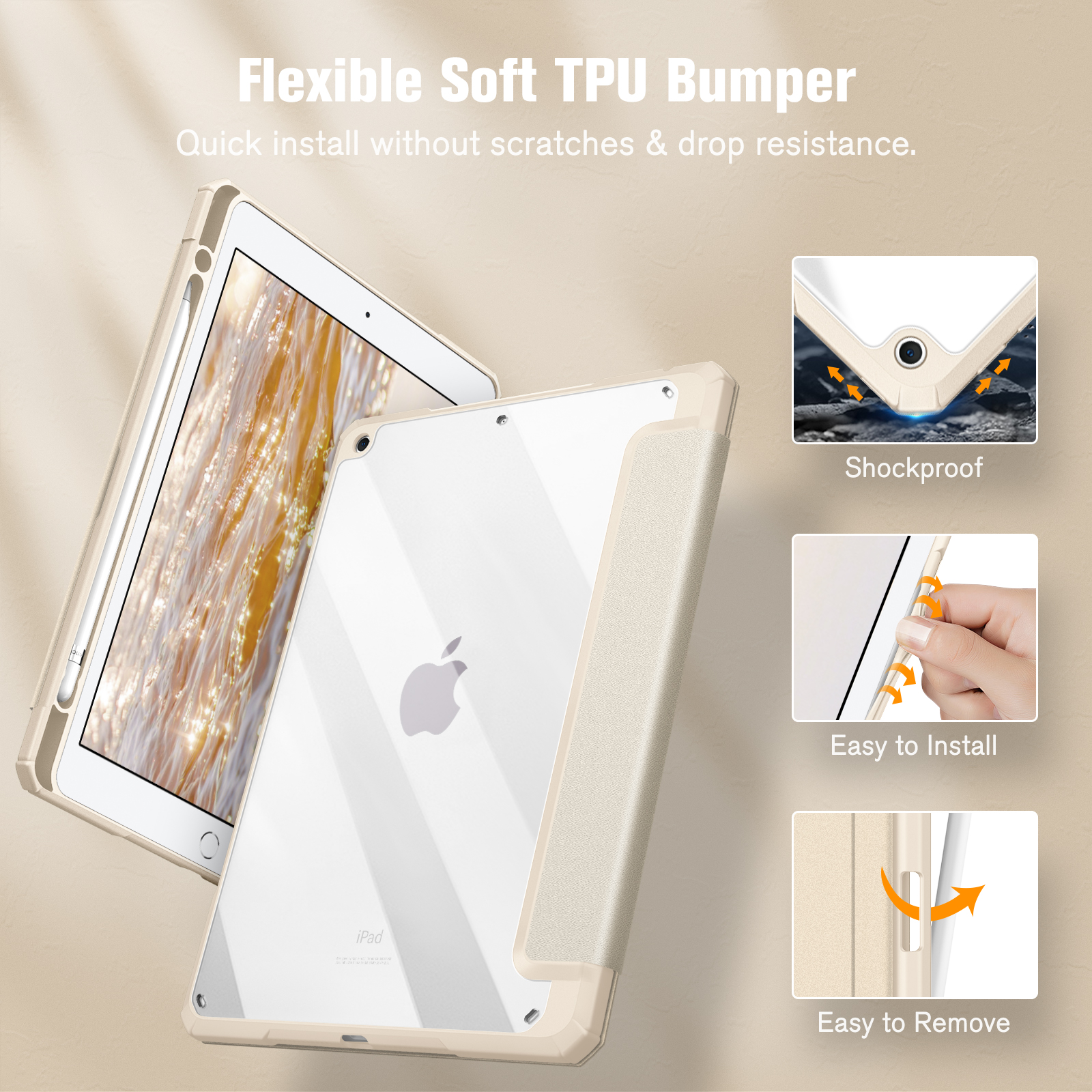 Transparente iPad-Hülle mit iPad und Zeichnungen, die Funktionen wie stoßfest zeigen.