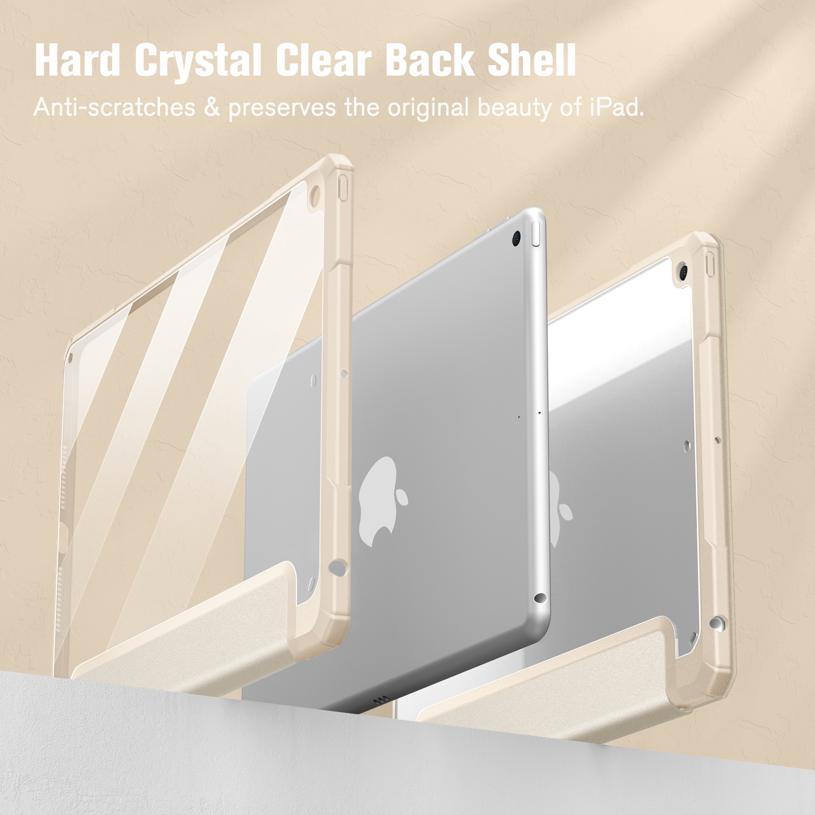 Eine transparente iPad-Hülle mit drei iPads darin, die Rückseite des Geräts zeigend.