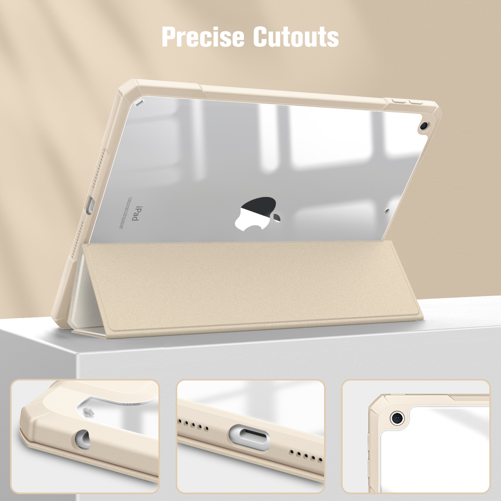 Ein iPad in einer beige Hülle wird angezeigt. Der Hintergrund ist hellbeige. Nahaufnahmen sind enthalten.