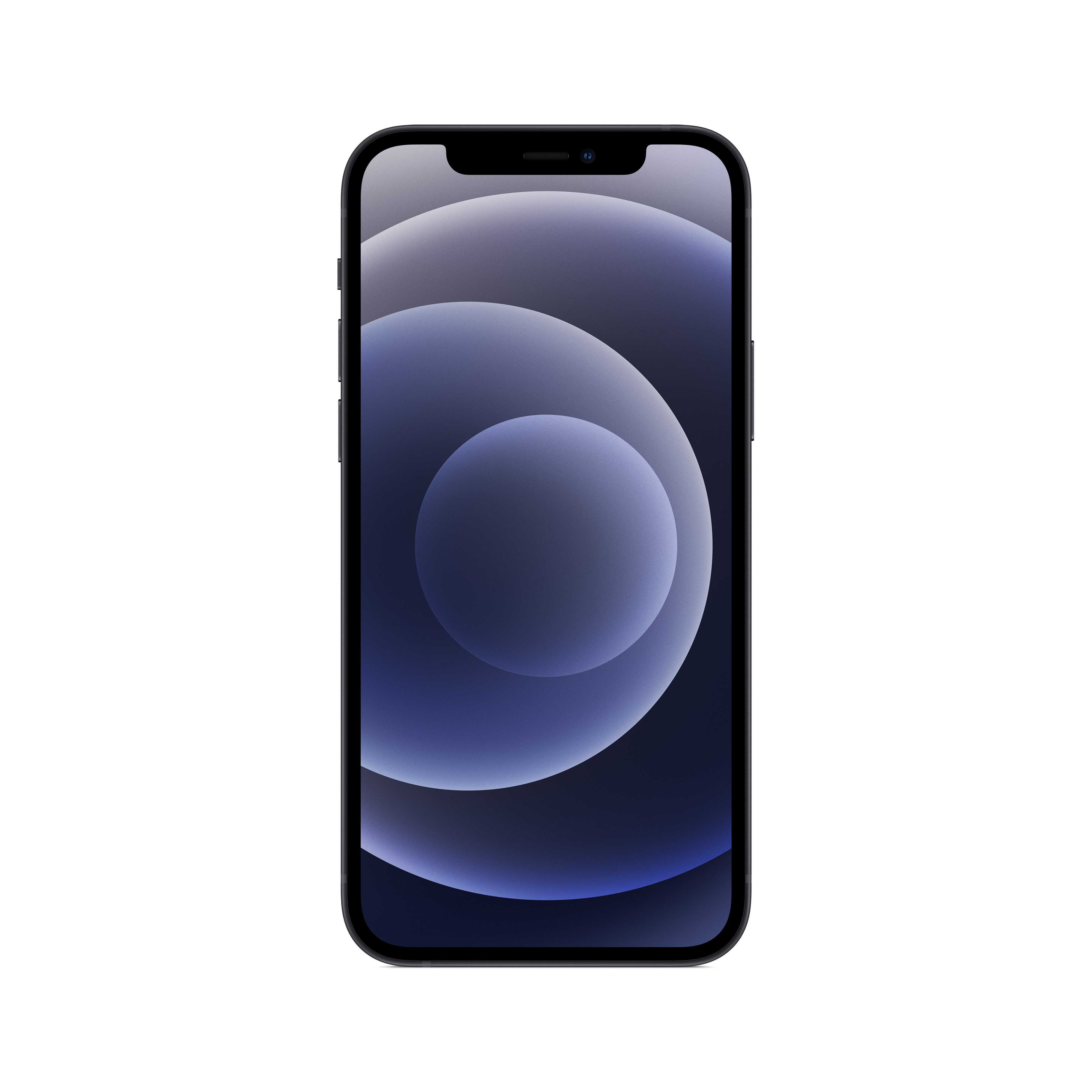 Czarny smartfon, widok z przodu. Wyświetla niebieskie tło.
