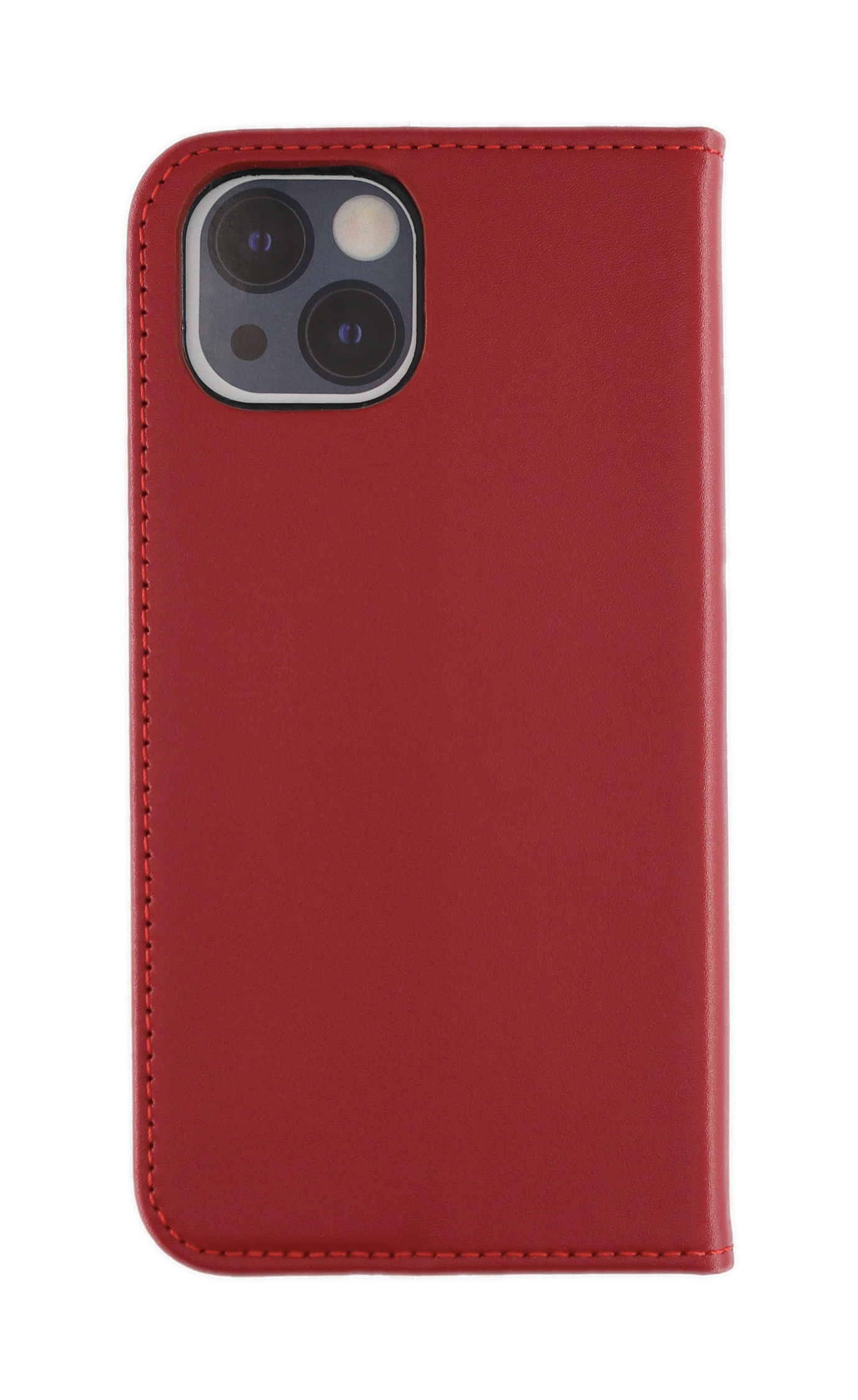 Rote Handyhülle mit Telefon darin. Die Hülle ist geschlossen und auf weißem Hintergrund.