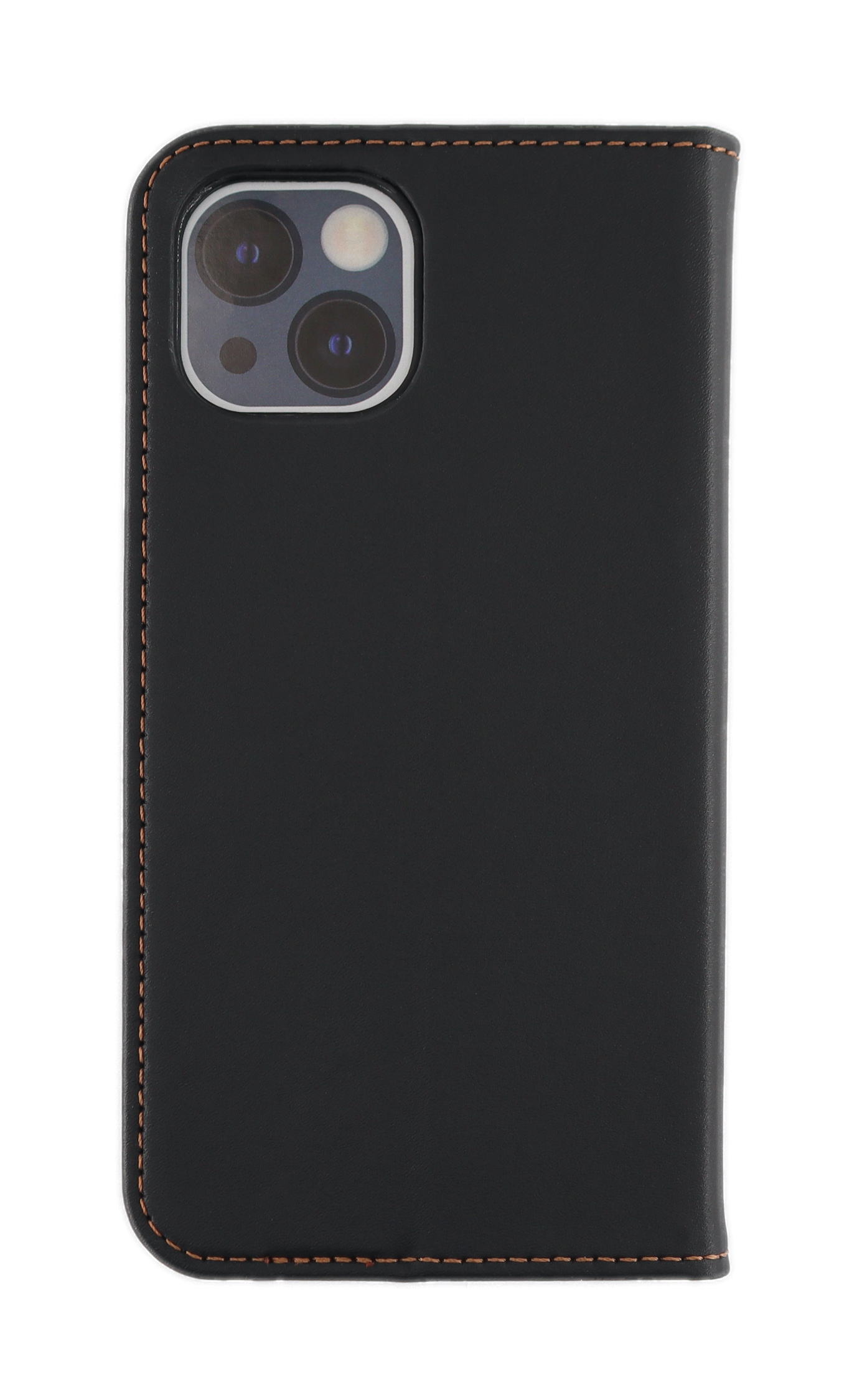Eine schwarze Handyhülle mit braunen Nähten, die ein Telefon mit drei Objektiven bedeckt.