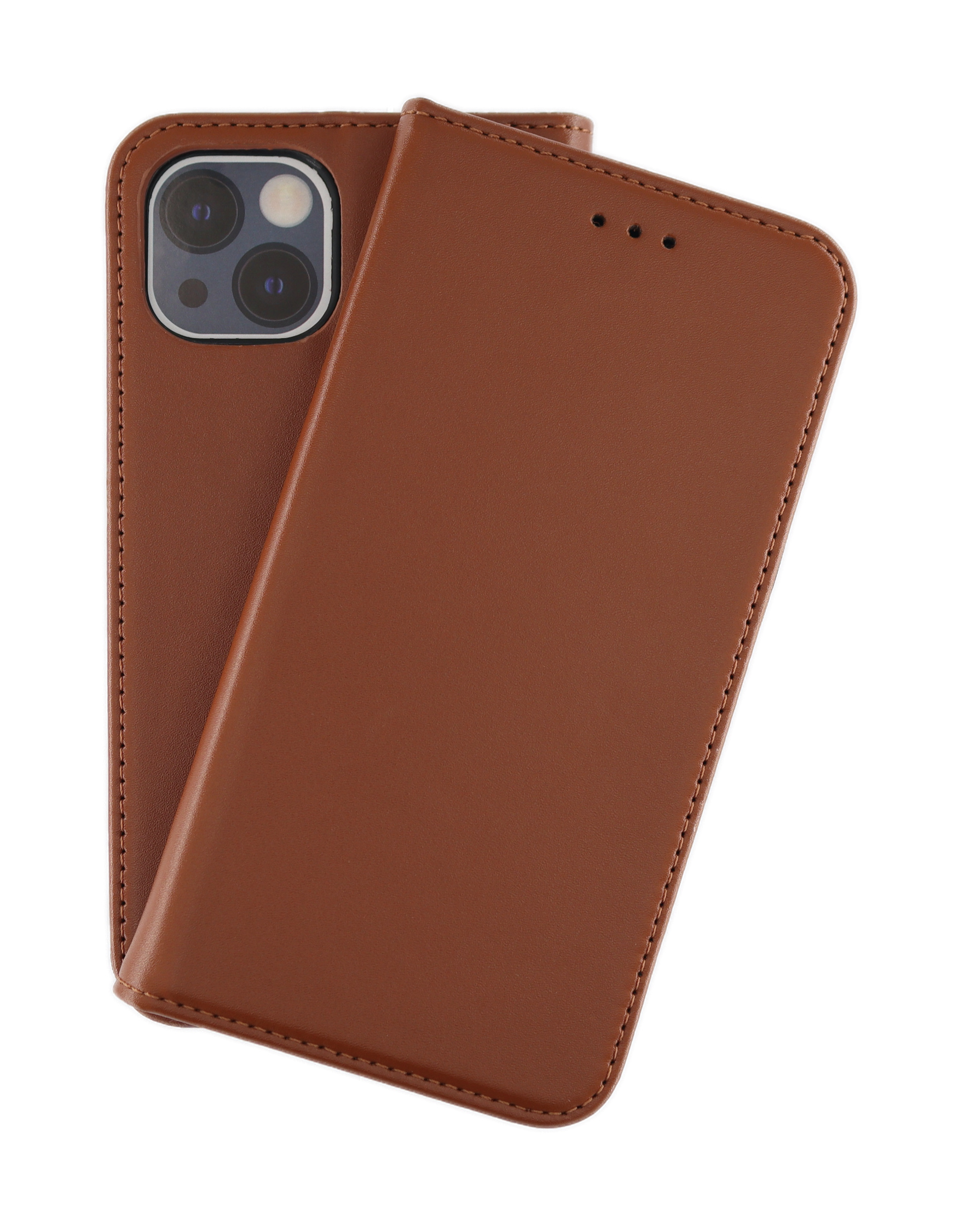Braune Handyhülle. Das Telefon ist darin. Die Hülle ist lederartig.
