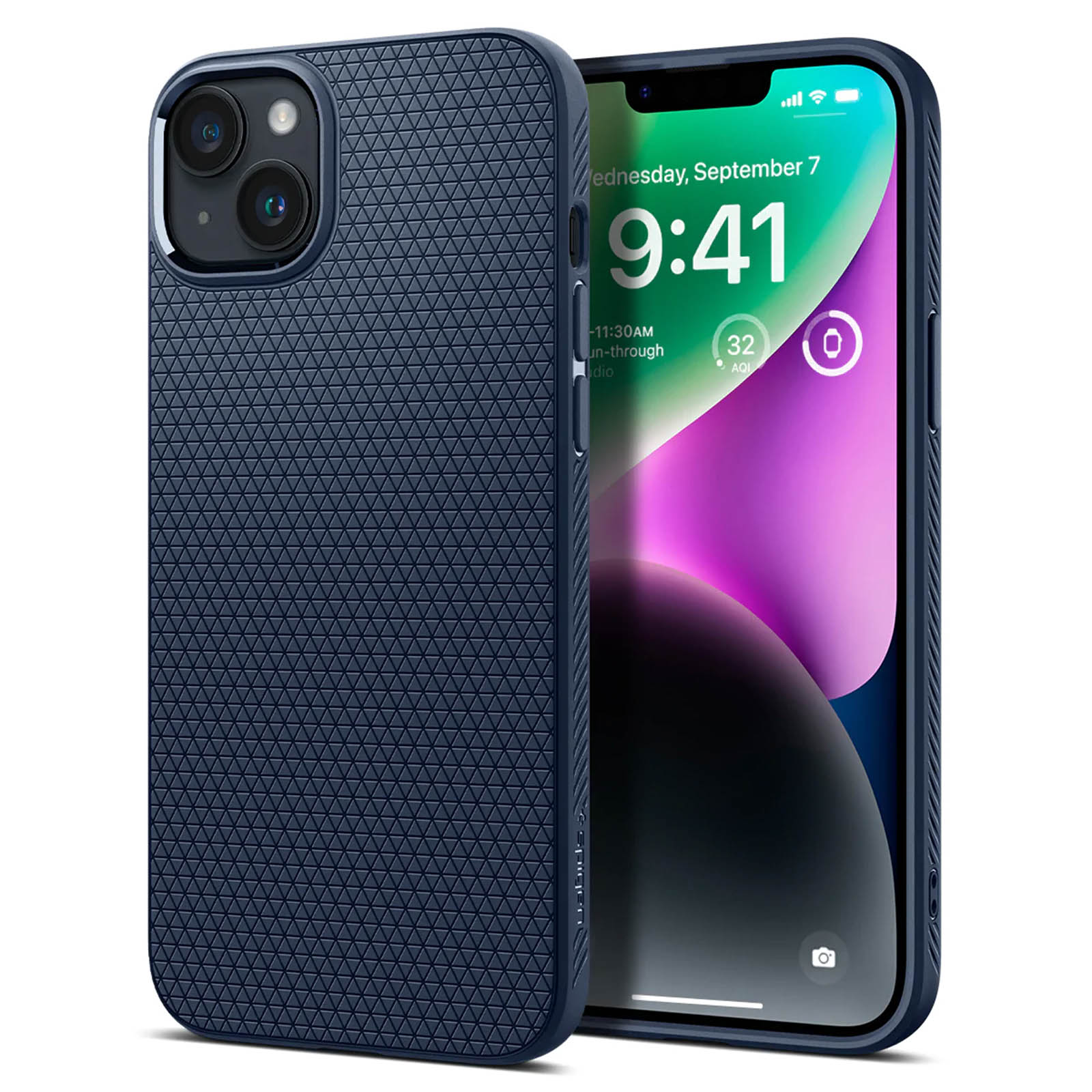 Custodia per telefono blu navy strutturata con un telefono. Data e ora sullo schermo.