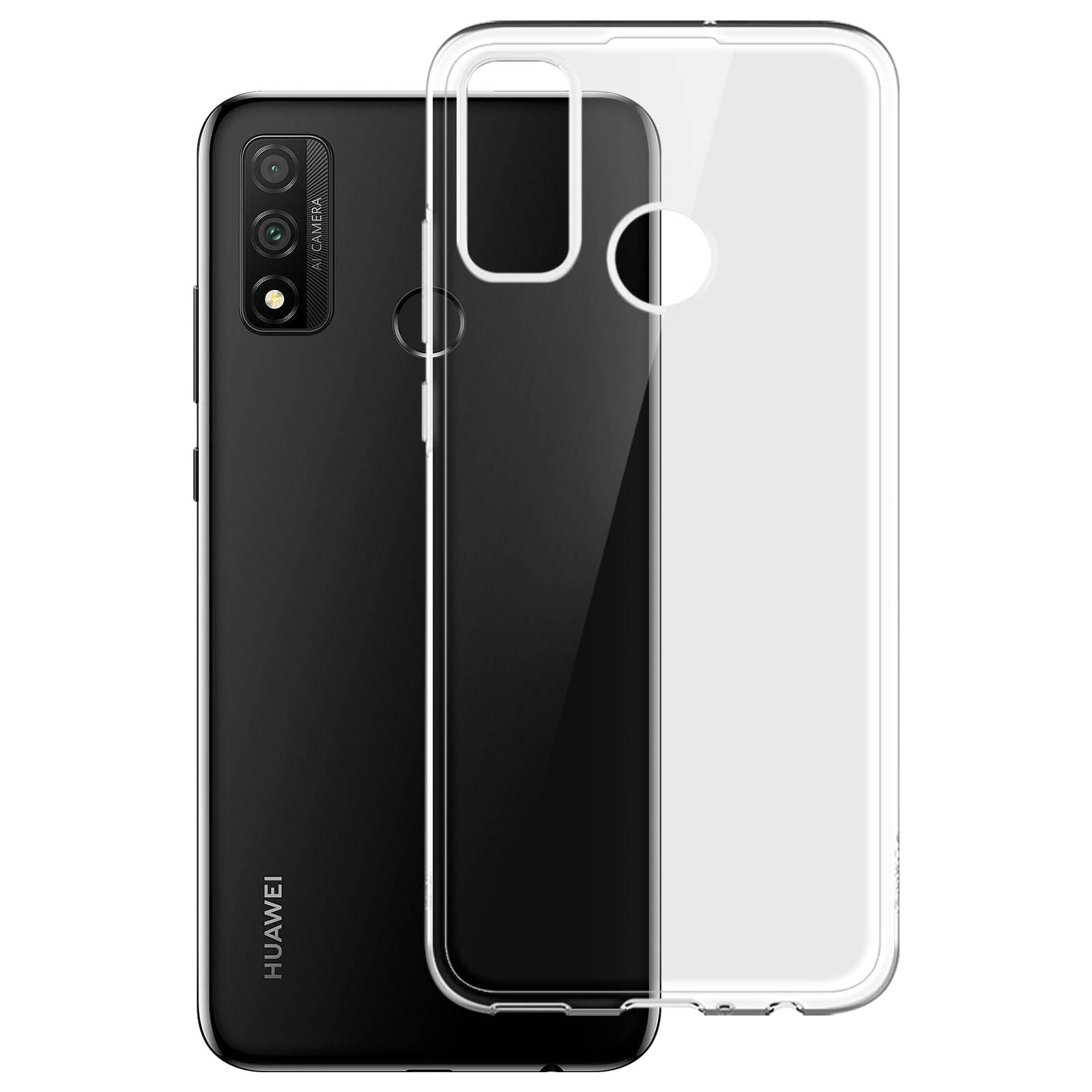 Un telefono nero con una custodia trasparente. Il telefono ha una fotocamera e il logo Huawei.
