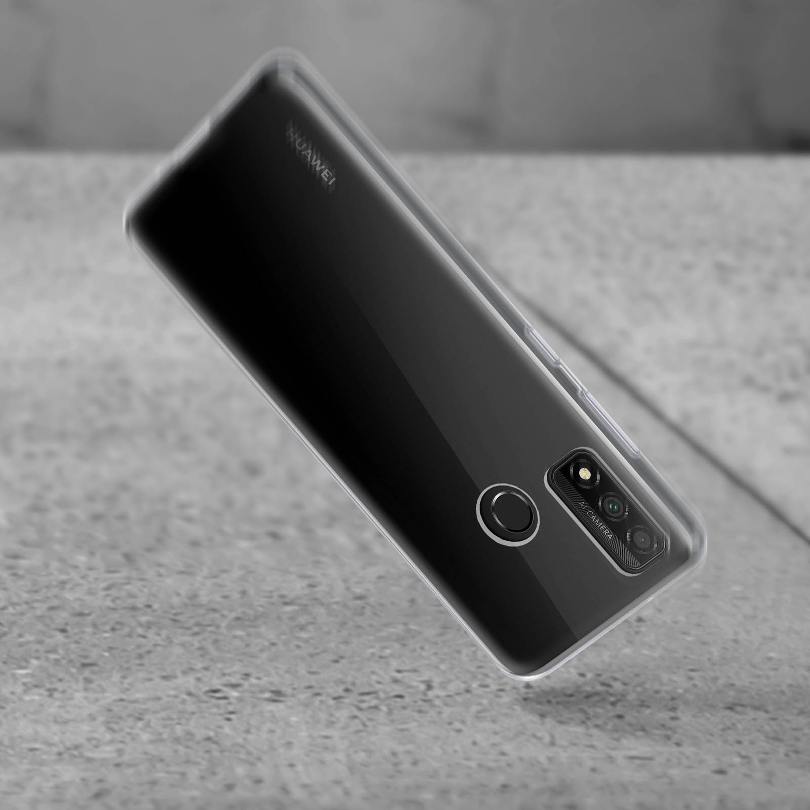 Custodia per telefono nera su una superficie. Fotocamera, flash e dettagli del telefono sono visibili.