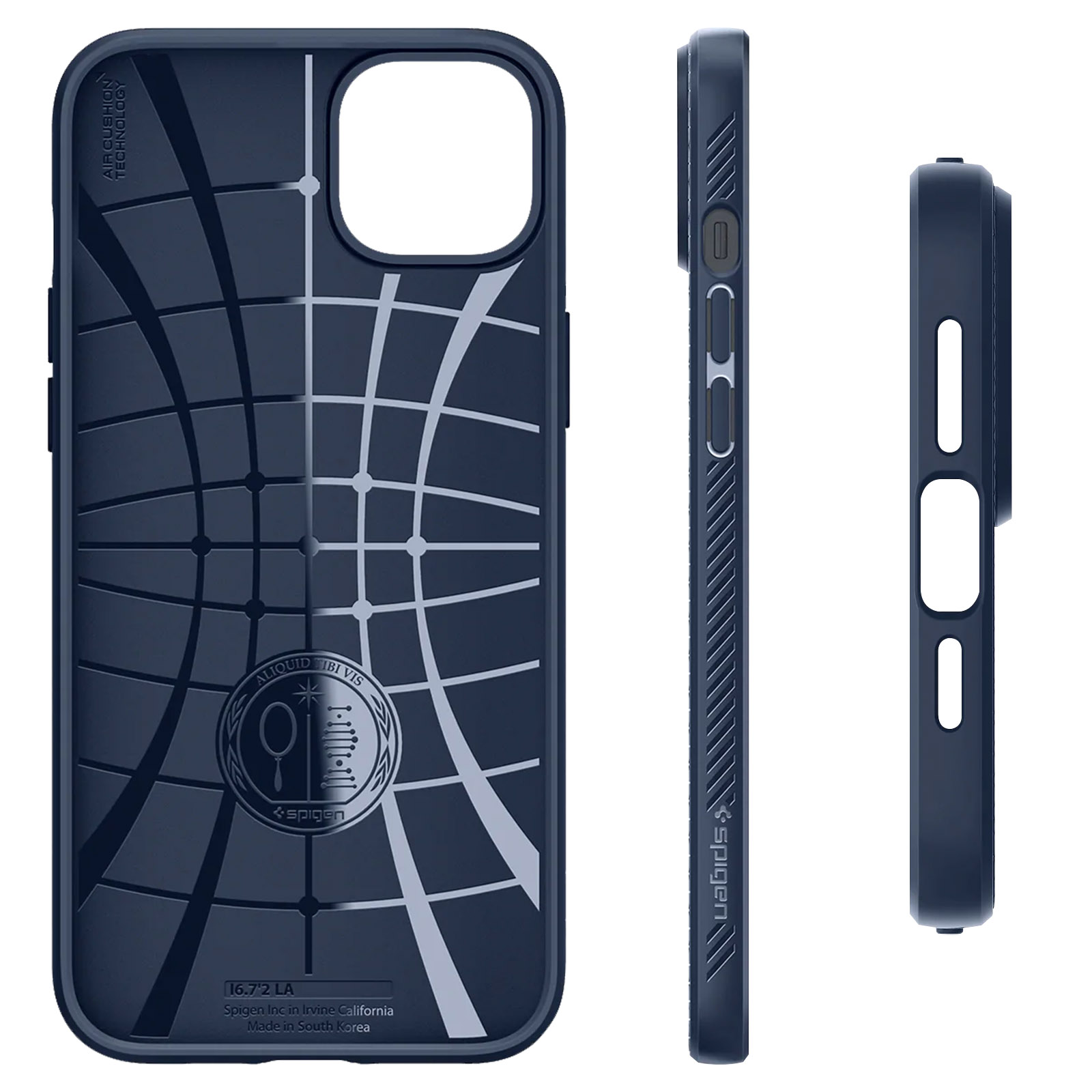 Custodia blu navy con motivo a griglia, viste laterali e posteriori.