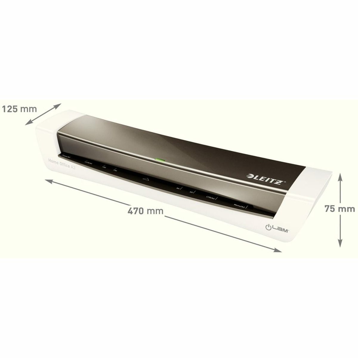 Weißer und silberner Home-Office-Laminator mit angezeigten Messungen.