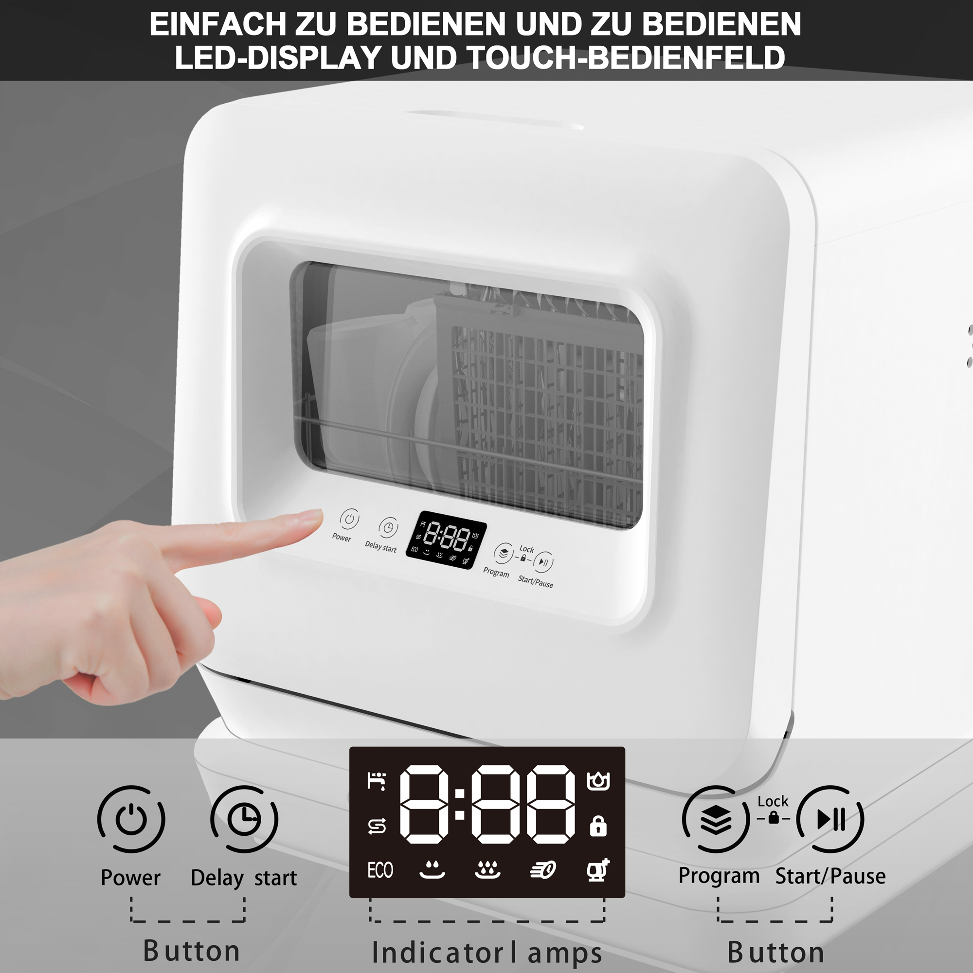 Weißer Geschirrspüler mit Touchpanel. Hand zeigt auf die Ein-Taste.