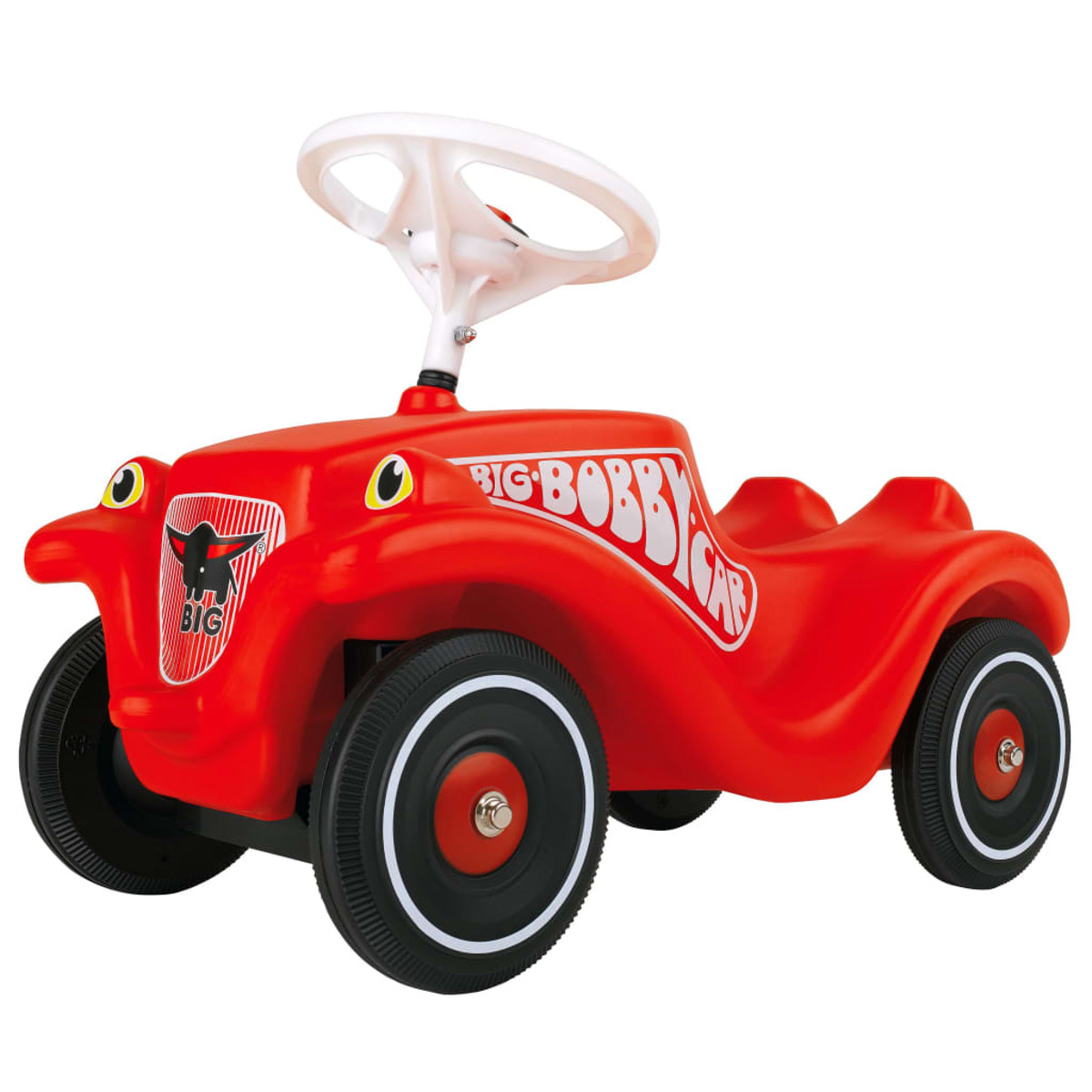 Un'auto giocattolo Big Bobby Car rossa con volante bianco, ruote nere e un logo.