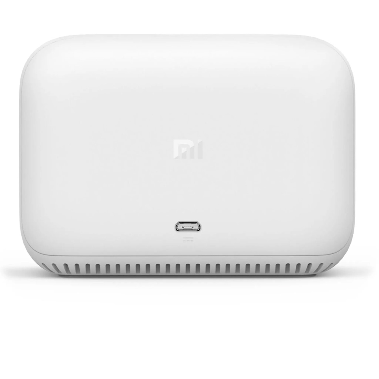 Weißer Router mit Logo oben. Rückseite mit USB-Anschluss und Belüftung.