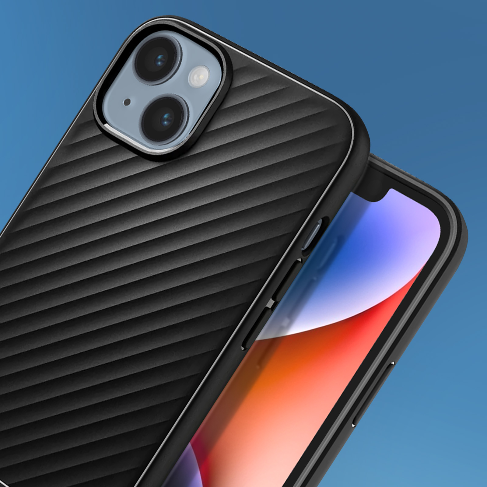 Smartphone nero con retro strutturato e design della fotocamera su sfondo blu.