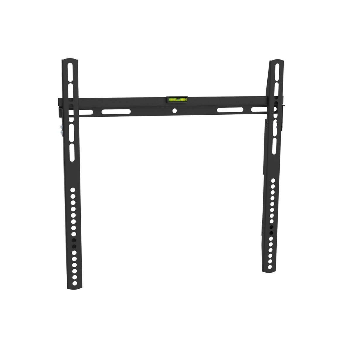 Black TV wall mount. Holes for screws are visible. A level is in the middle.