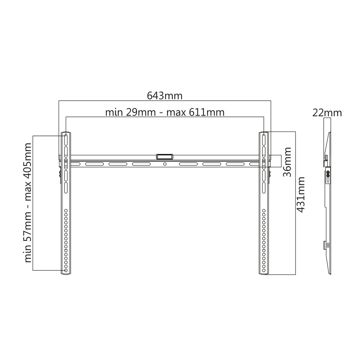 Technische tekening met afmetingen van een tv-wandbeugel.