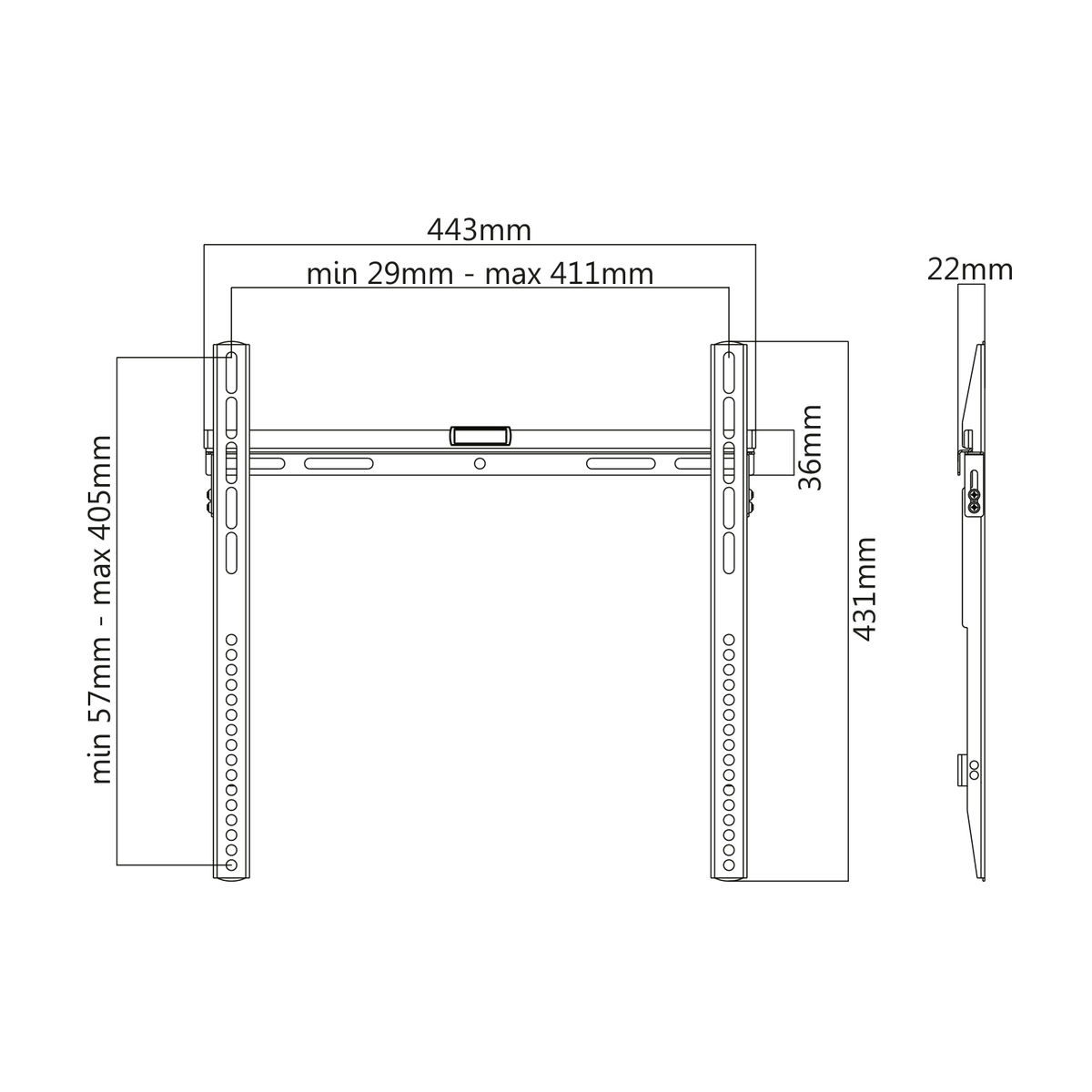Wall mount for a TV. Dimensions are labeled. White background. Black lines and text.