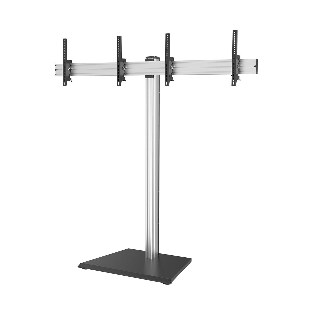 Un soporte de TV negro y plateado. Tiene una base, un poste central y brazos para varias pantallas.