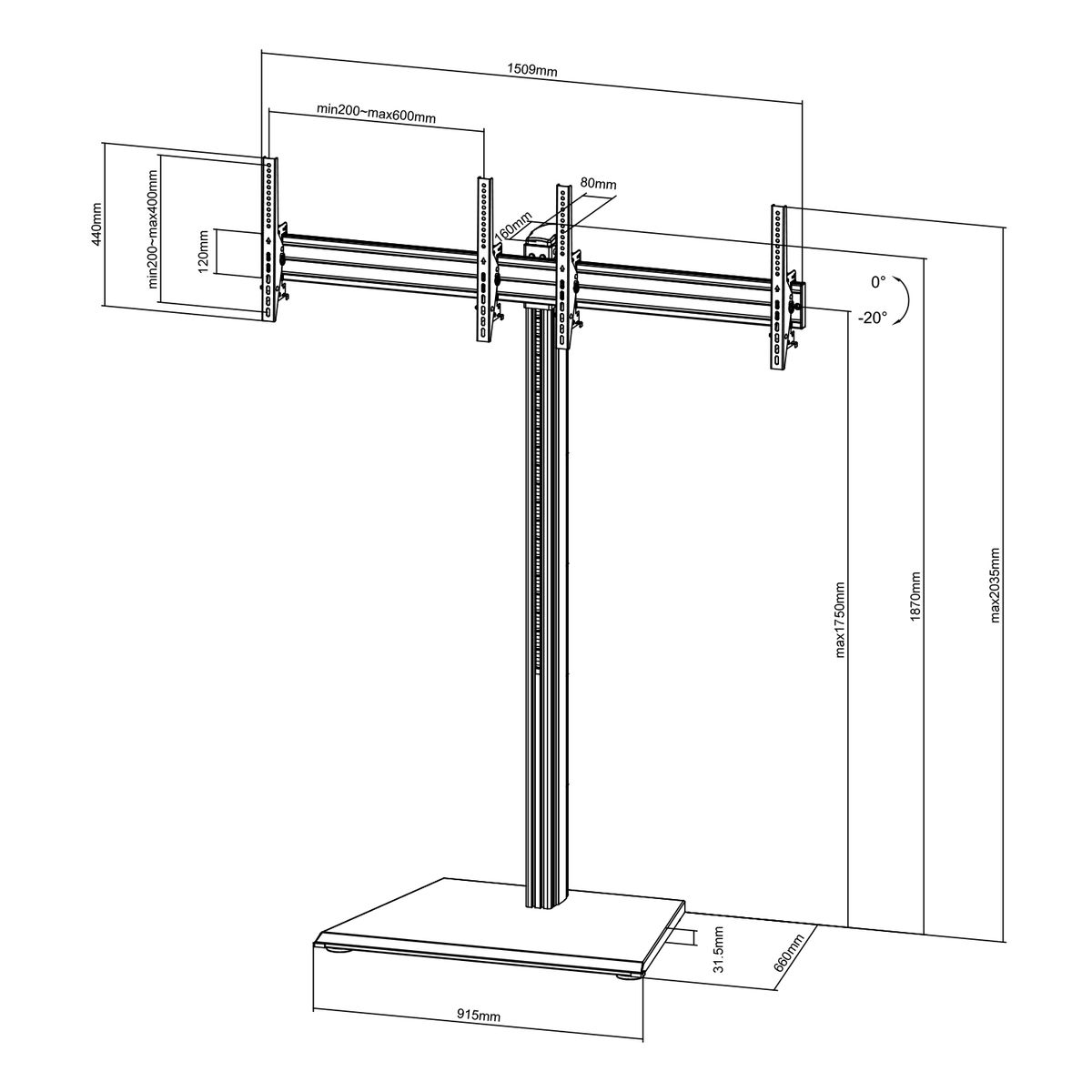 Diagrama de un soporte de TV. Dimensiones y ángulos marcados, diseño en blanco y negro.