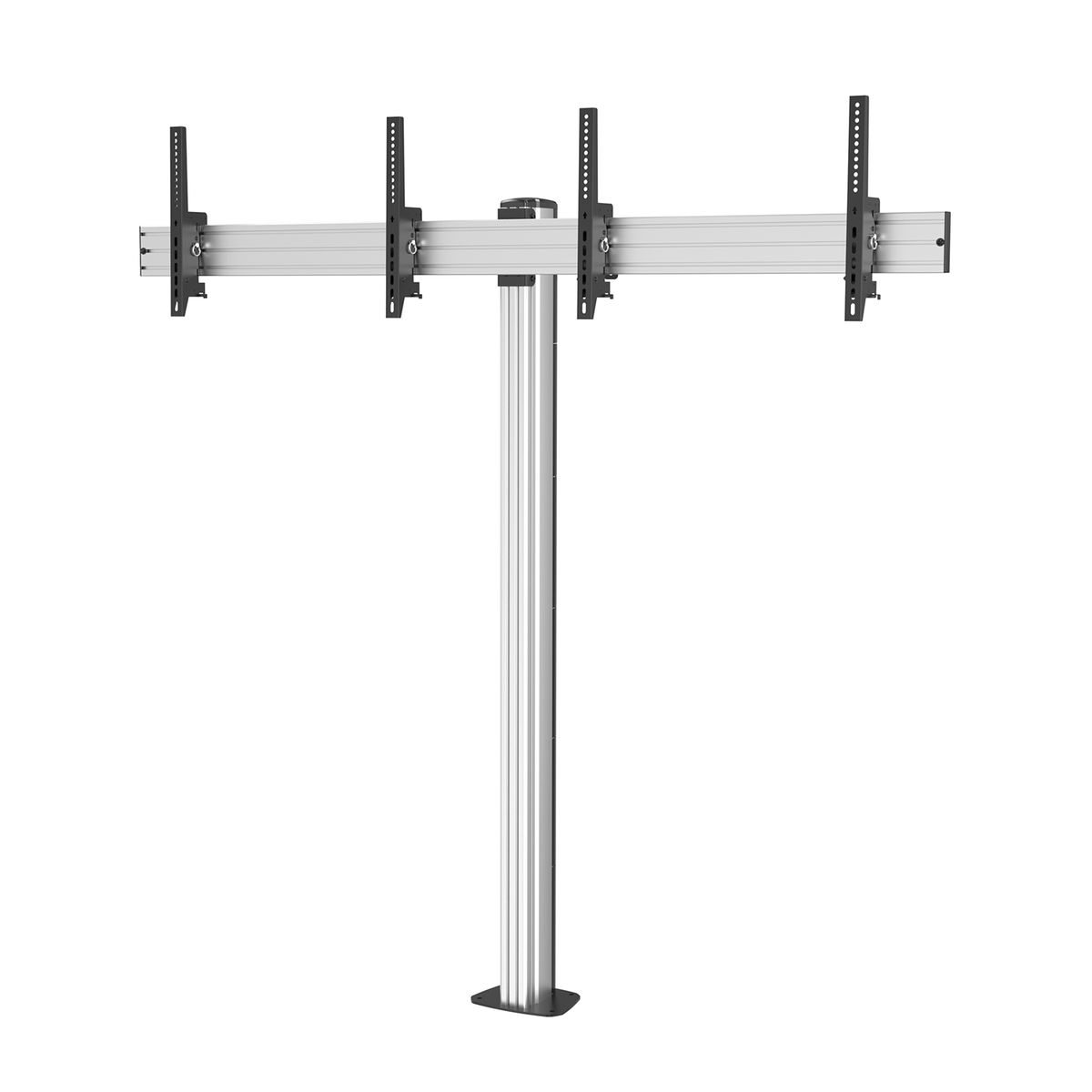 Un soporte de TV plateado con tres soportes. El soporte está sobre un fondo blanco.