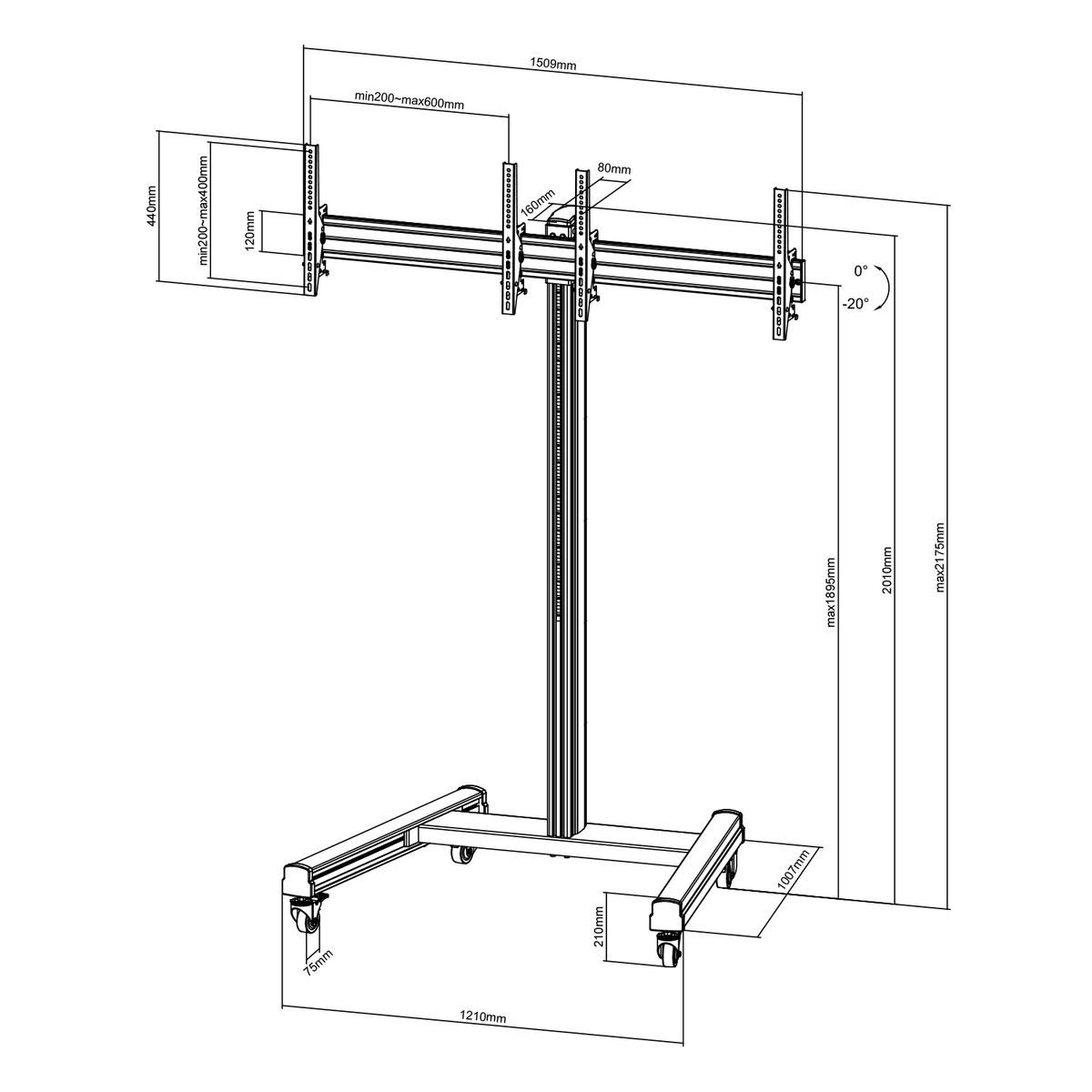 Dibujo técnico de un soporte de TV con dimensiones, sobre fondo blanco.