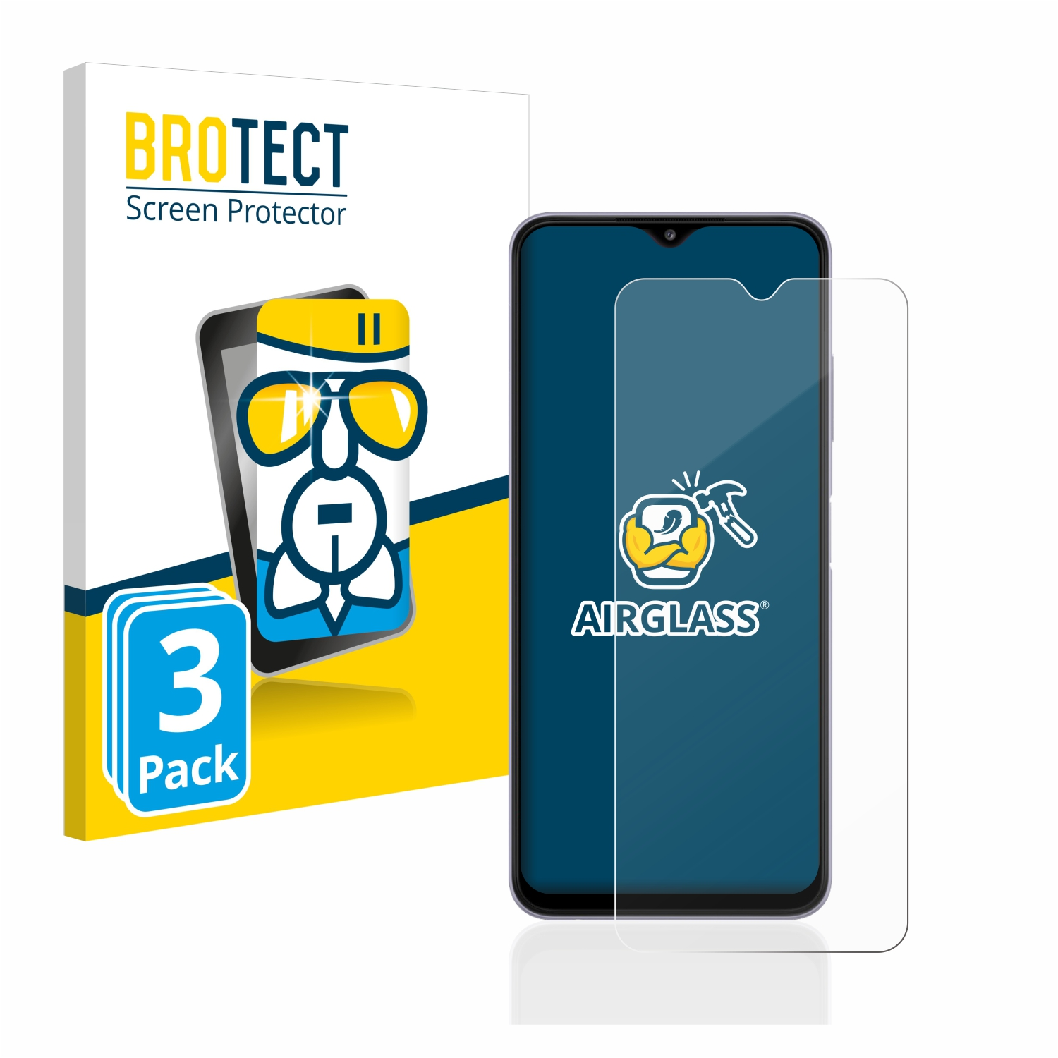 Telefon mit Displayschutz und Box. Der Schutz hat Airglass Logo und Cartoon.