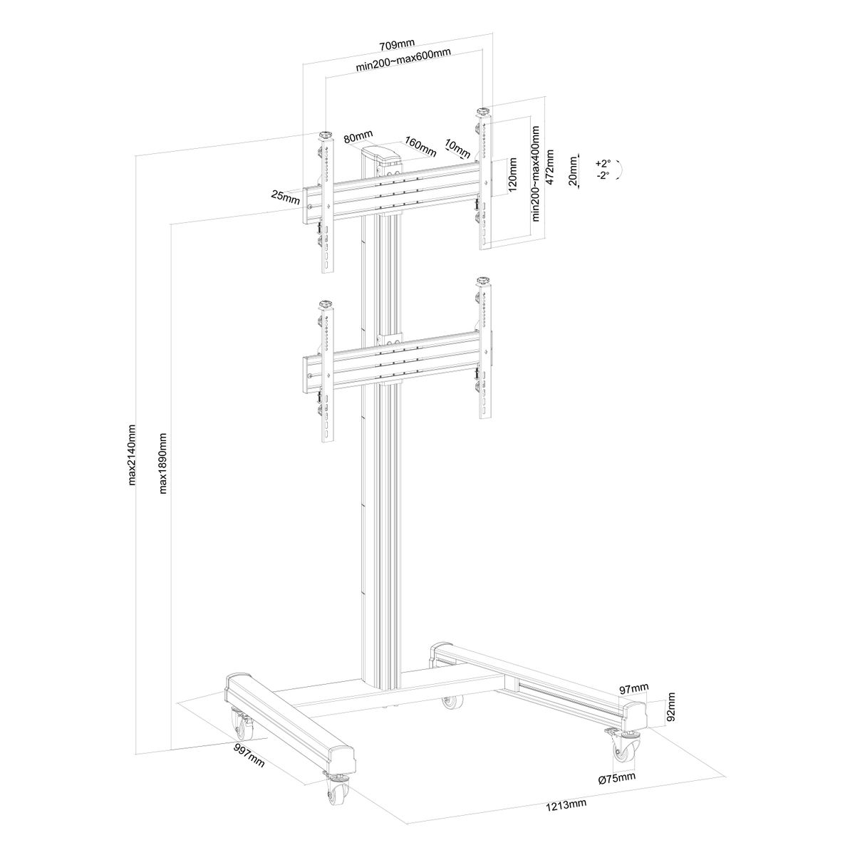 Disegno tecnico di un supporto TV. Dimensioni e misure sono etichettate nel disegno.
