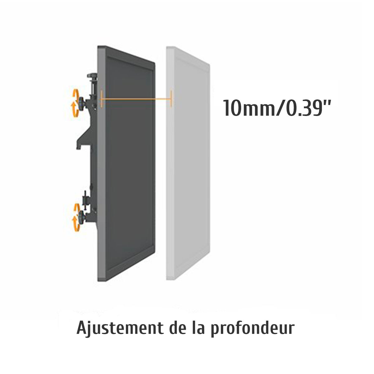 Sistema de montaje en pared muestra ajuste de profundidad. Texto indica 10mm/0.39" de ajuste.