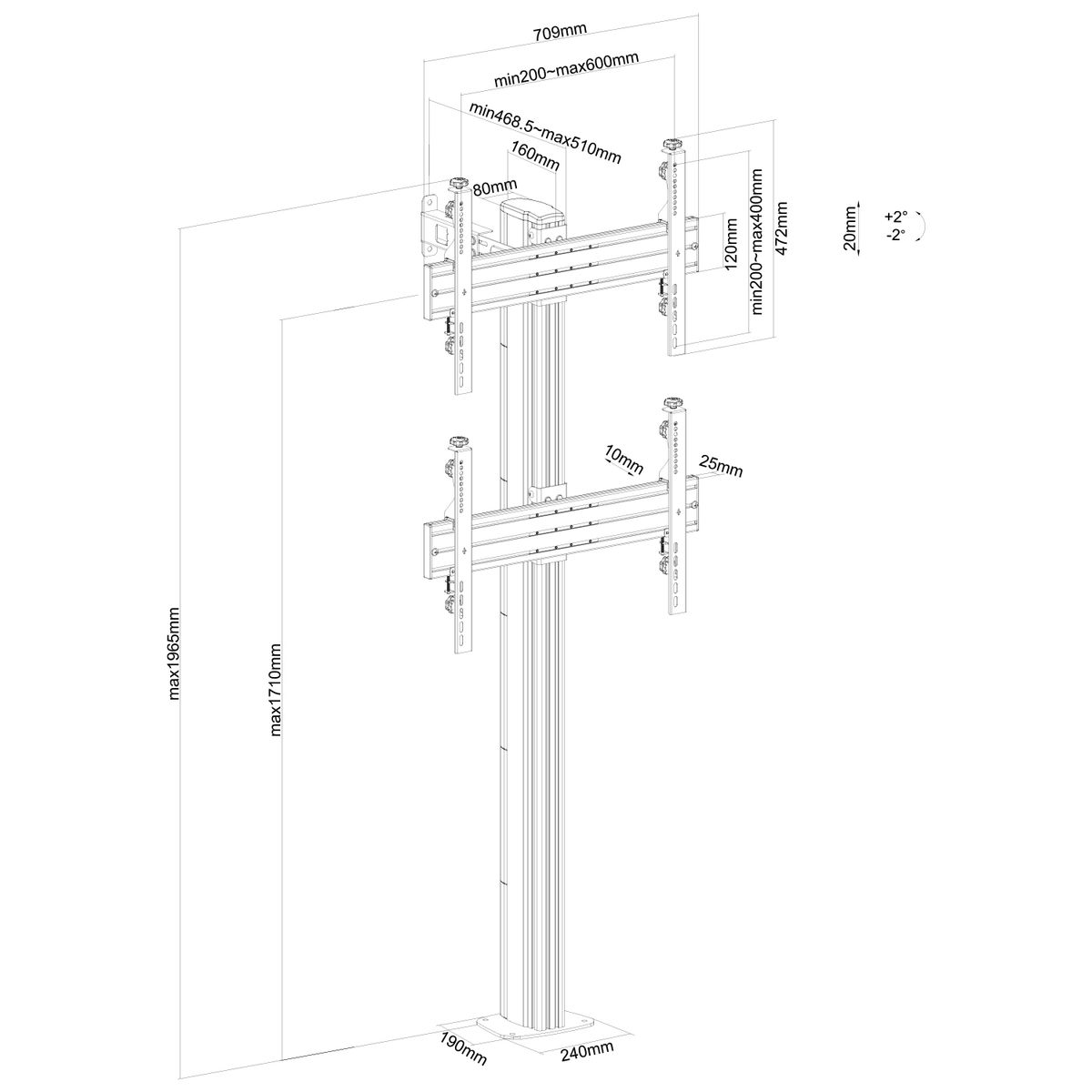 Un dibujo técnico de un soporte de TV, con dimensiones y medidas etiquetadas en líneas negras.