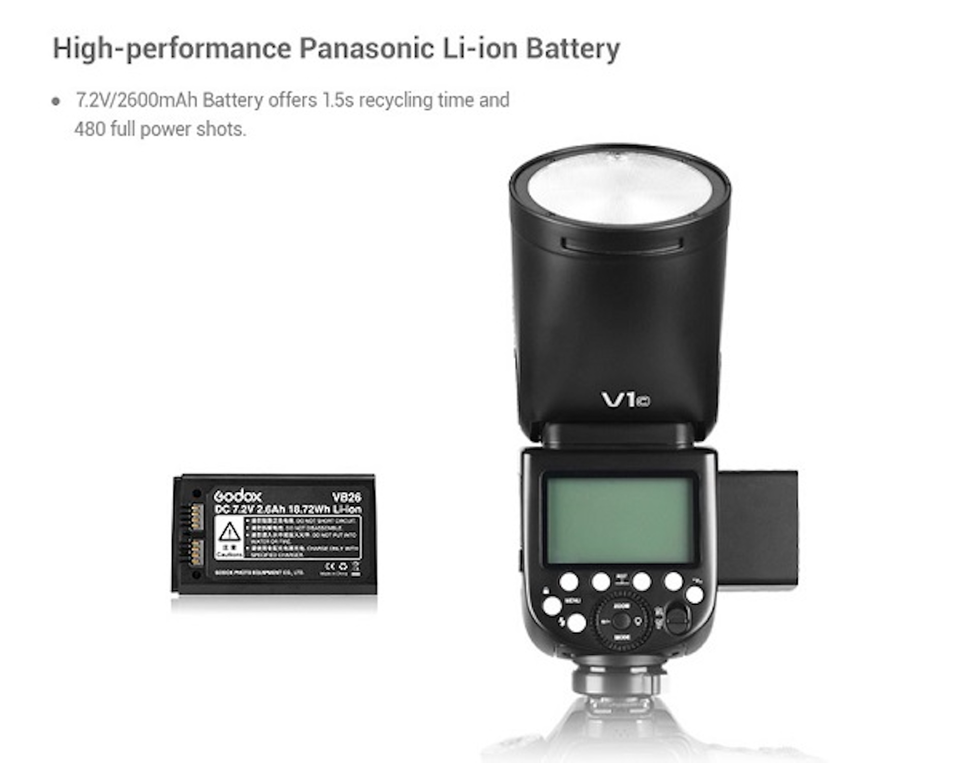 Czarna lampa błyskowa z baterią i tekstem. Lampa ma ekran i przyciski. Bateria jest czarna z tekstem.