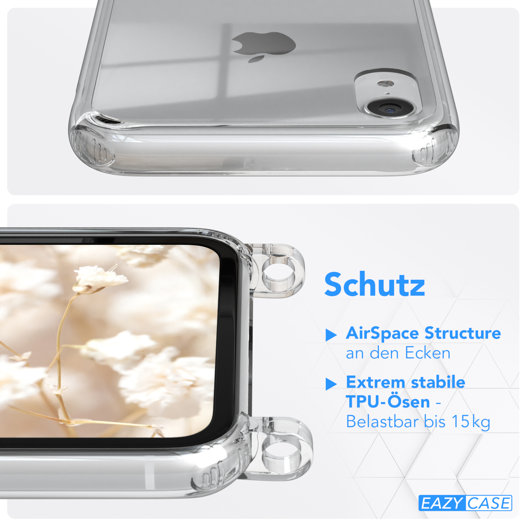 CASE Boho Handyhülle Style, Apple, XR, EAZY Grün Kordel / Transparente Umhängetasche, iPhone mit Violett