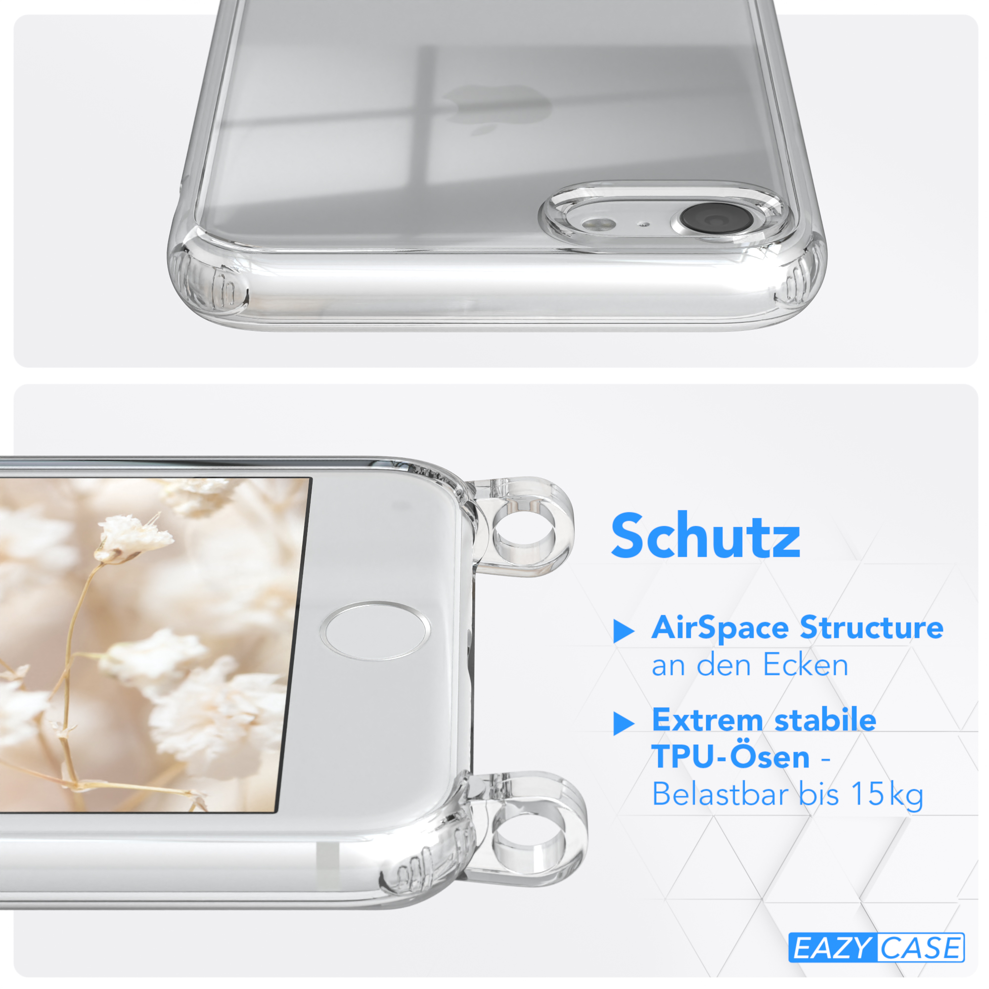 Transparente Handyhülle mit Schutzfunktionen. Text auf Deutsch.