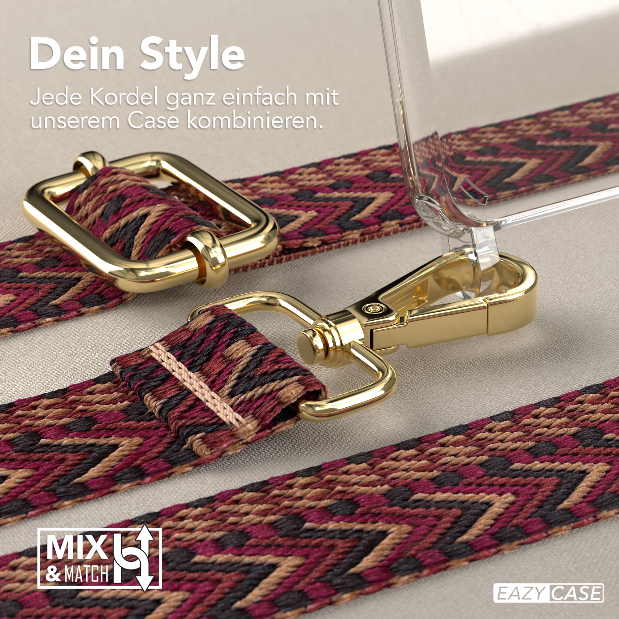 Ein Telefonband mit goldenem Verschluss und gemustertem Band.