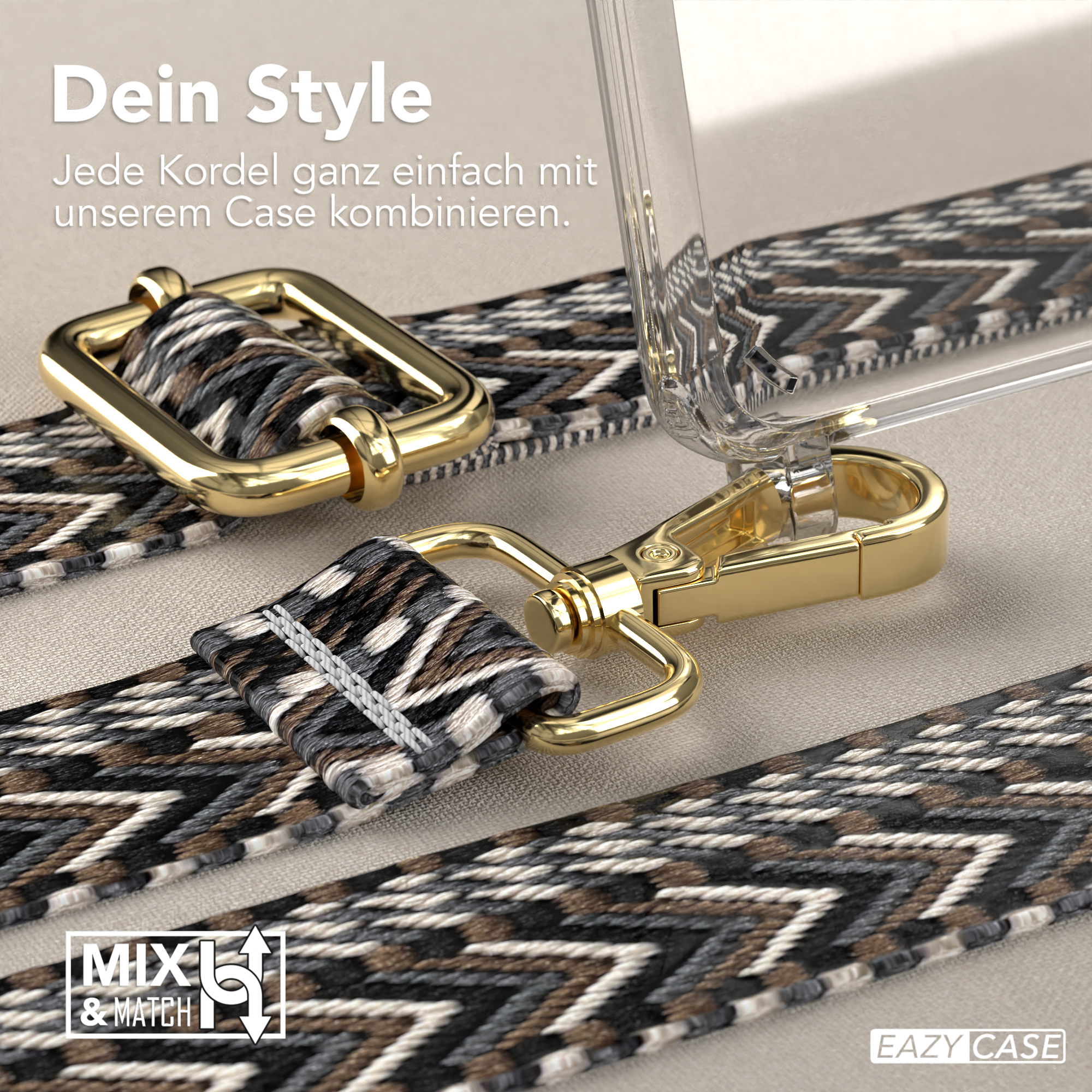 Nahaufnahme von Telefonband und Hülle mit goldener Hardware und einem Mix-and-Match-Design.