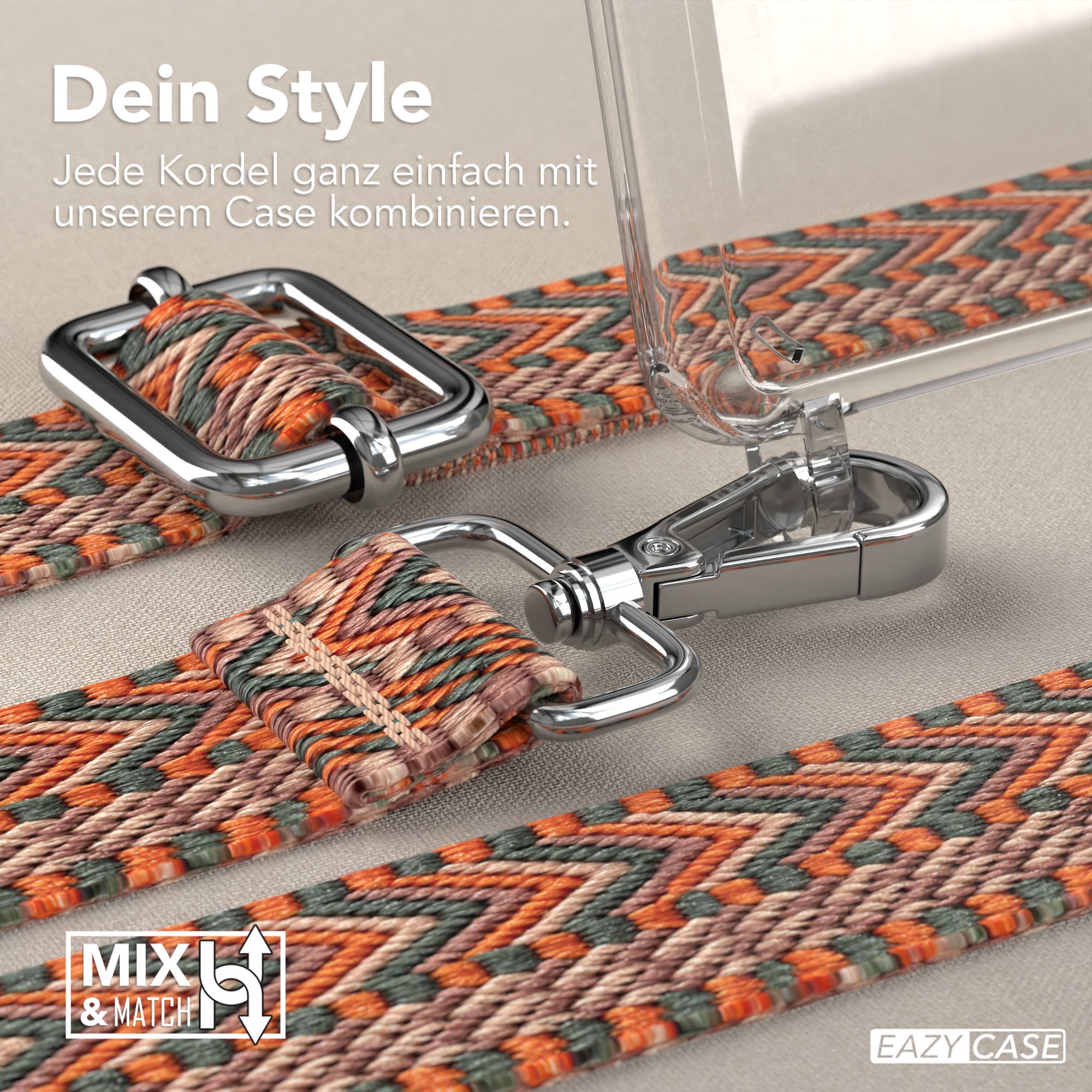 Nahaufnahme eines Telefonriemens mit orangefarbenen, grünen und beigefarbenen Mustern und silberfarbener Metallhardware.