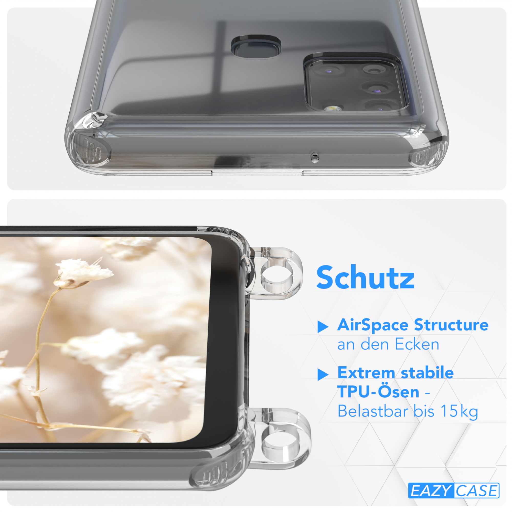 Eine transparente Handyhülle und ein Telefon mit floralem Hintergrund. Text auf Deutsch.