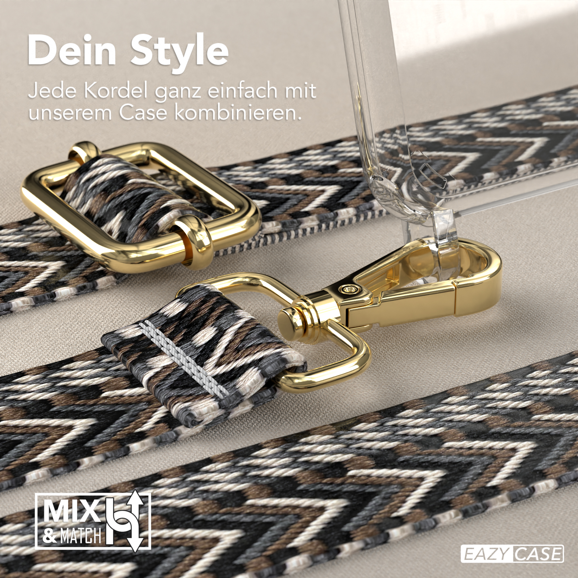 Nahaufnahme einer Handyhülle mit Trägern. Goldene Haken und Zickzackmuster. Heller Hintergrund.