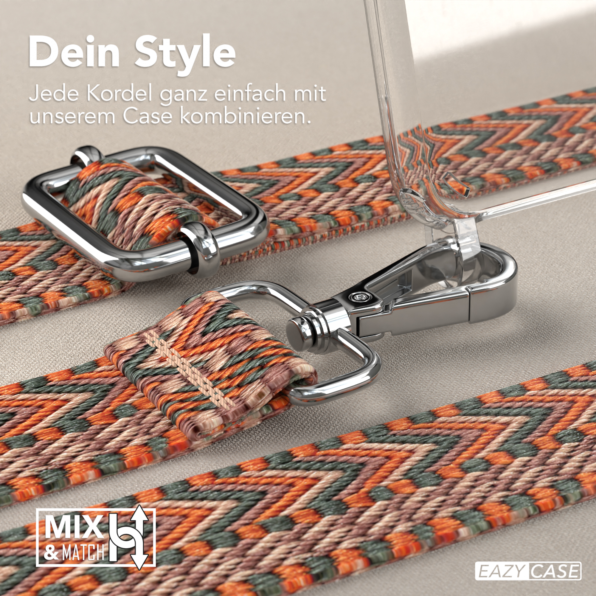 Nahaufnahme eines Riemens mit orangefarbenen, weißen und braunen Mustern. Silberne und transparente Gehäusekomponenten sind sichtbar.